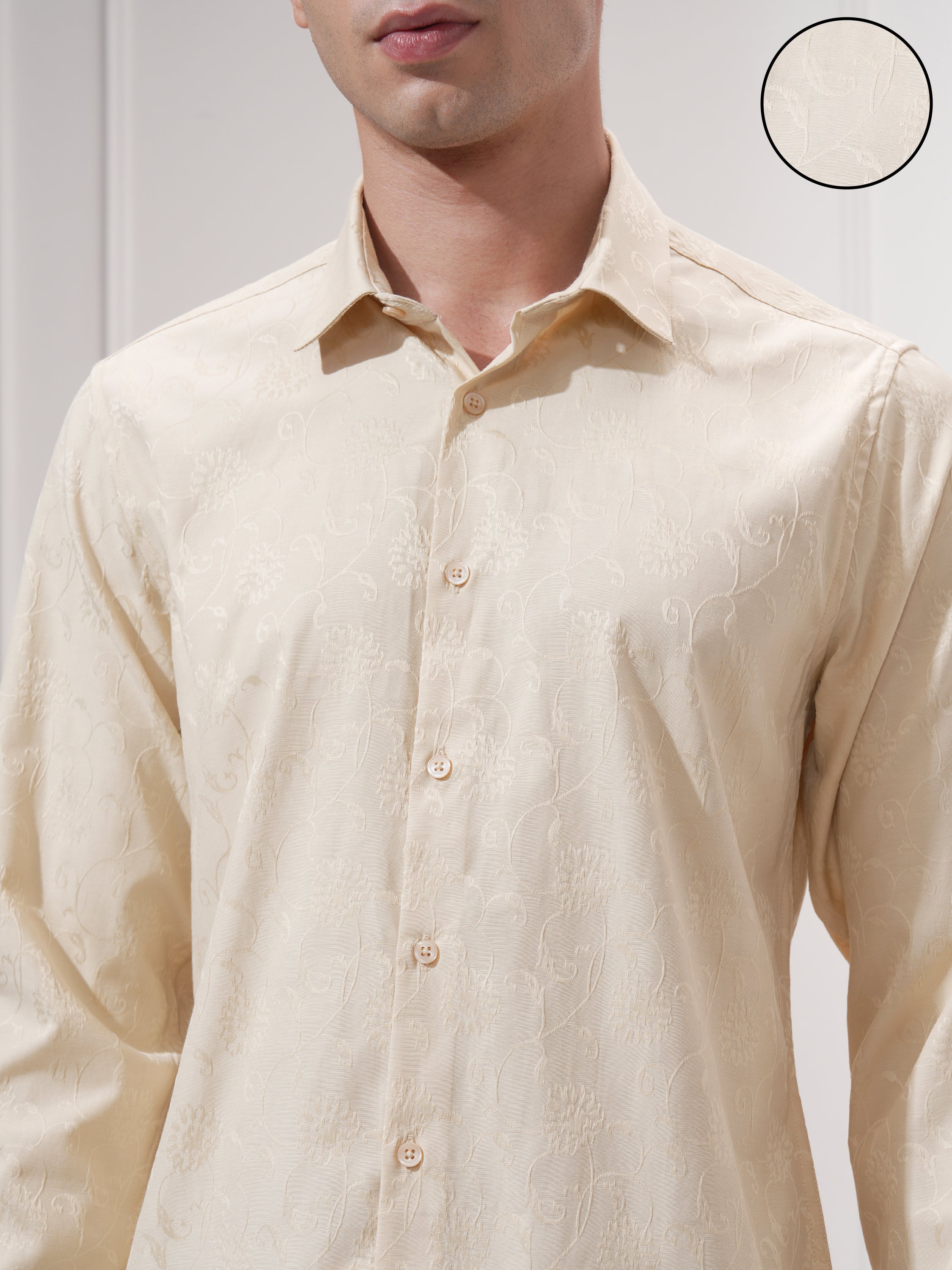 Highlander Men Beige Self Design Slim Fit Casual Shirt - Beige - Image 5