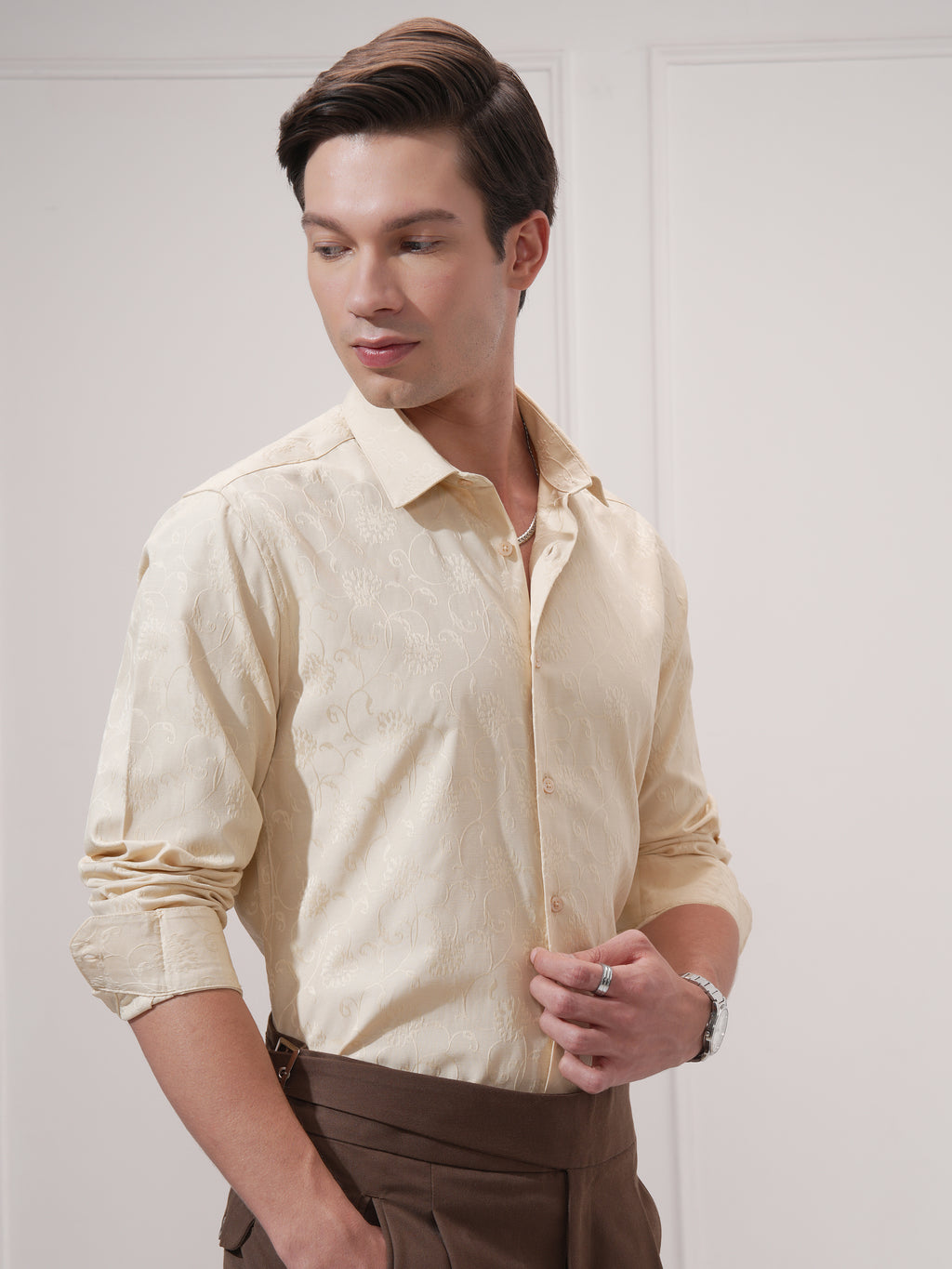 Highlander Men Beige Self Design Slim Fit Casual Shirt - Beige - Image 6