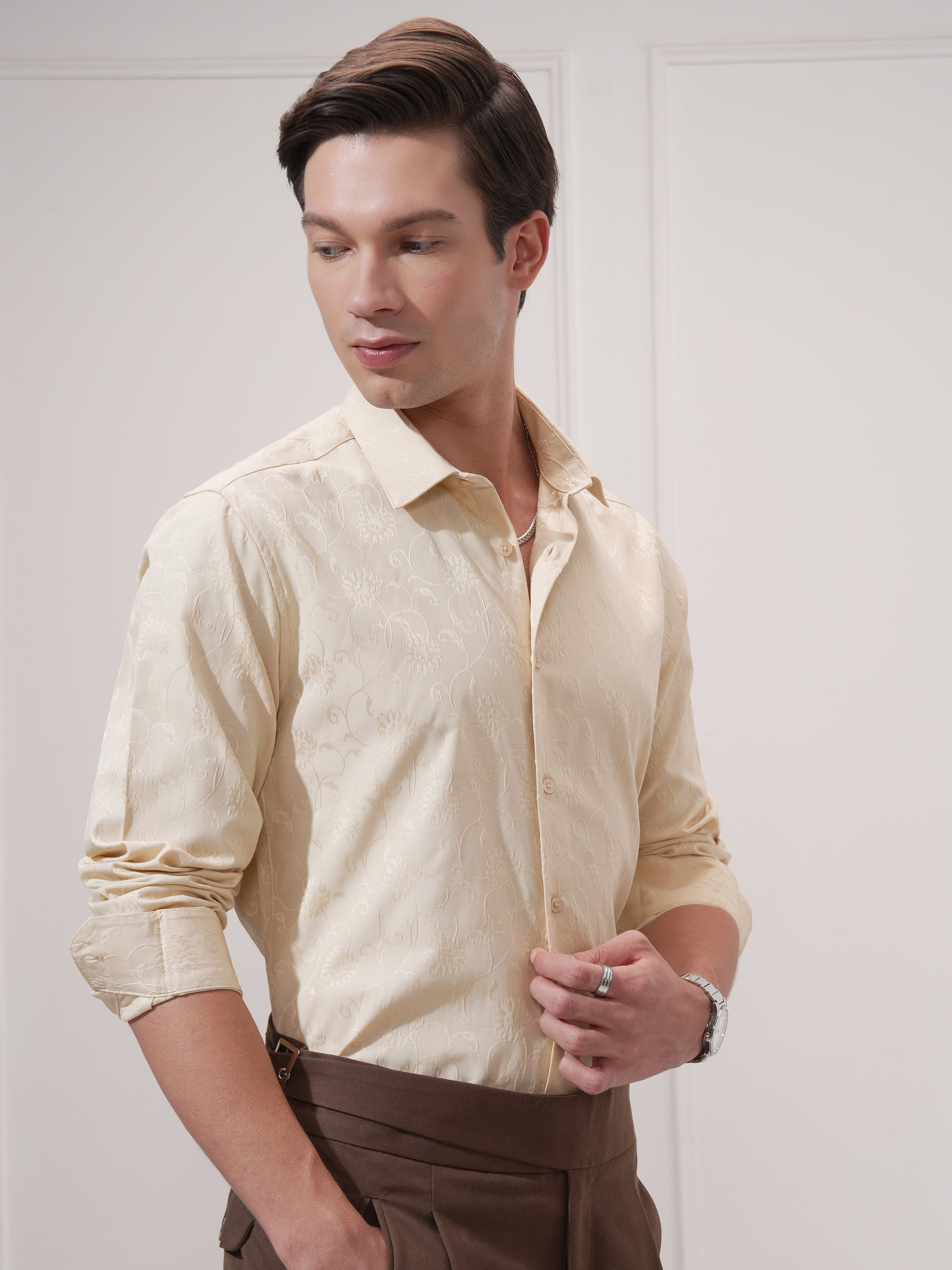 Highlander Men Beige Self Design Slim Fit Casual Shirt - Beige - Image 6