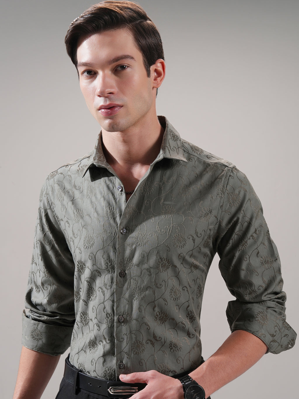 Highlander Men Olive Self Design Slim Fit Casual Shirt - Olive - Image 1