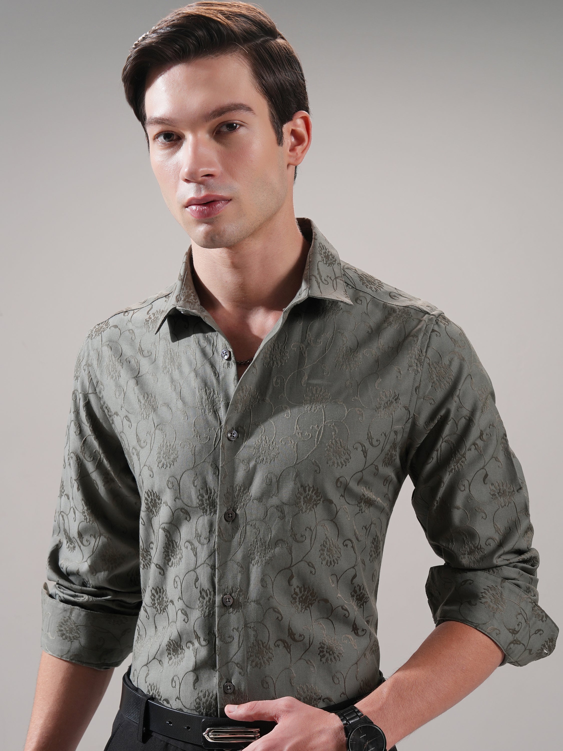 Highlander Men Olive Self Design Slim Fit Casual Shirt - Olive - Image 1