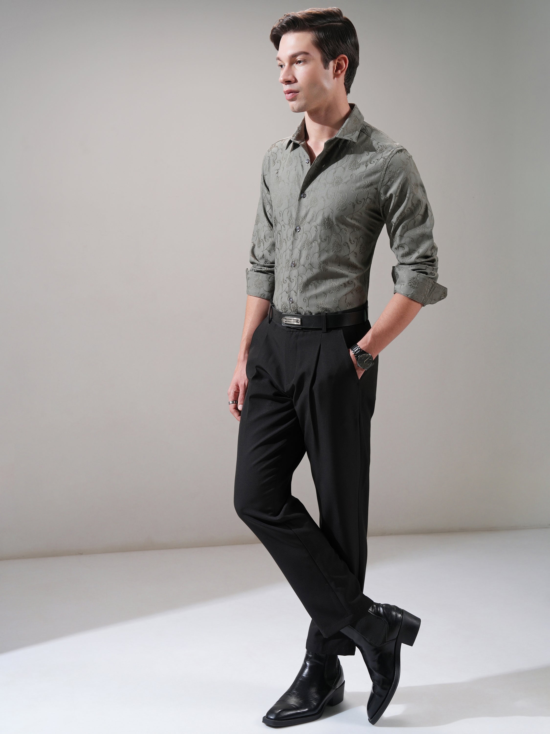 Highlander Men Olive Self Design Slim Fit Casual Shirt - Olive - Image 2