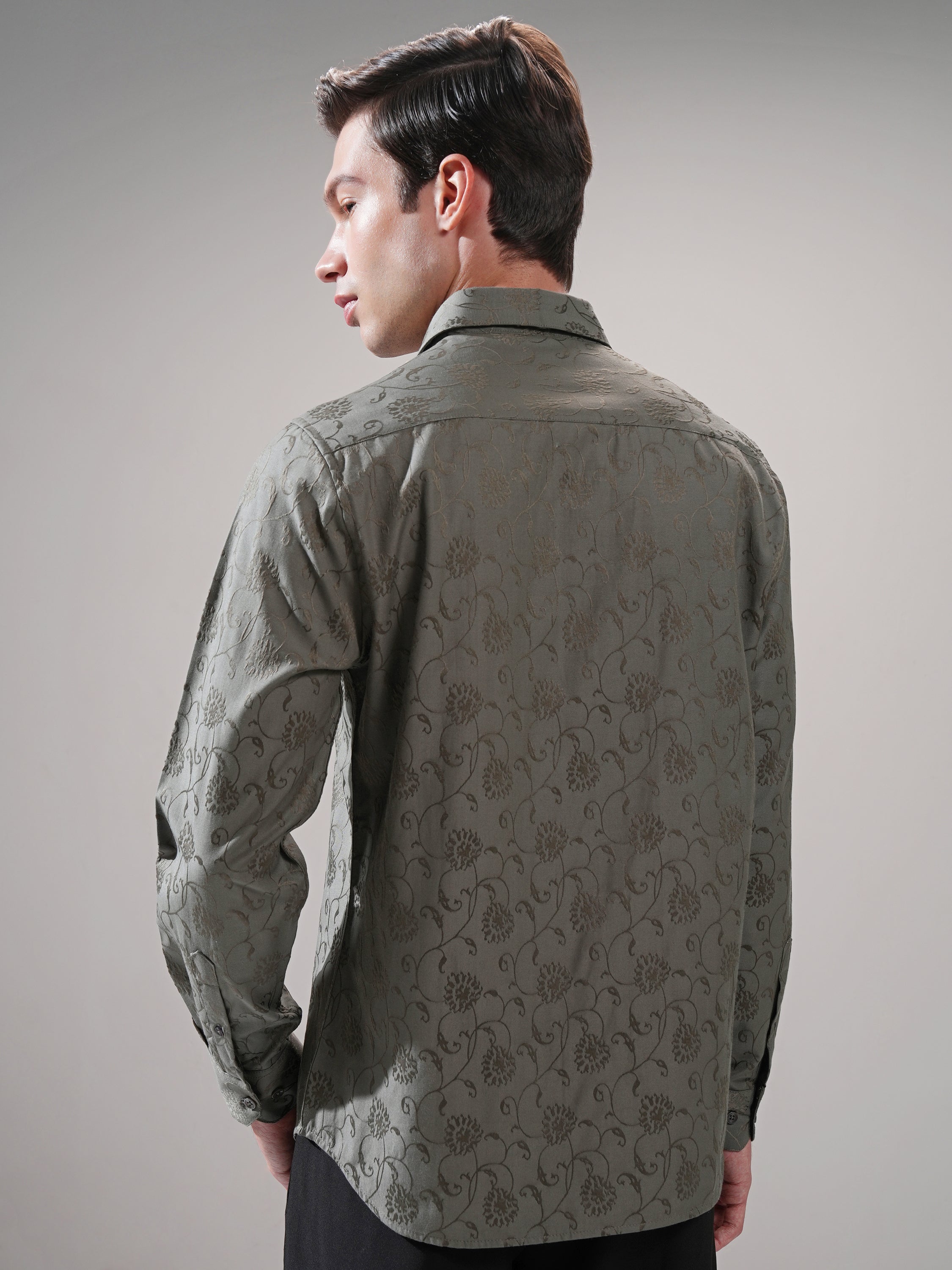 Highlander Men Olive Self Design Slim Fit Casual Shirt - Olive - Image 3