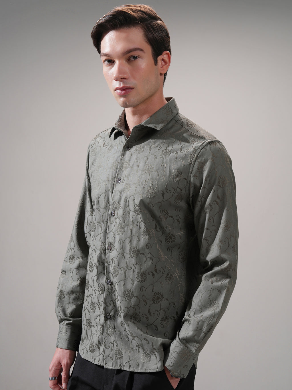 Highlander Men Olive Self Design Slim Fit Casual Shirt - Olive - Image 4
