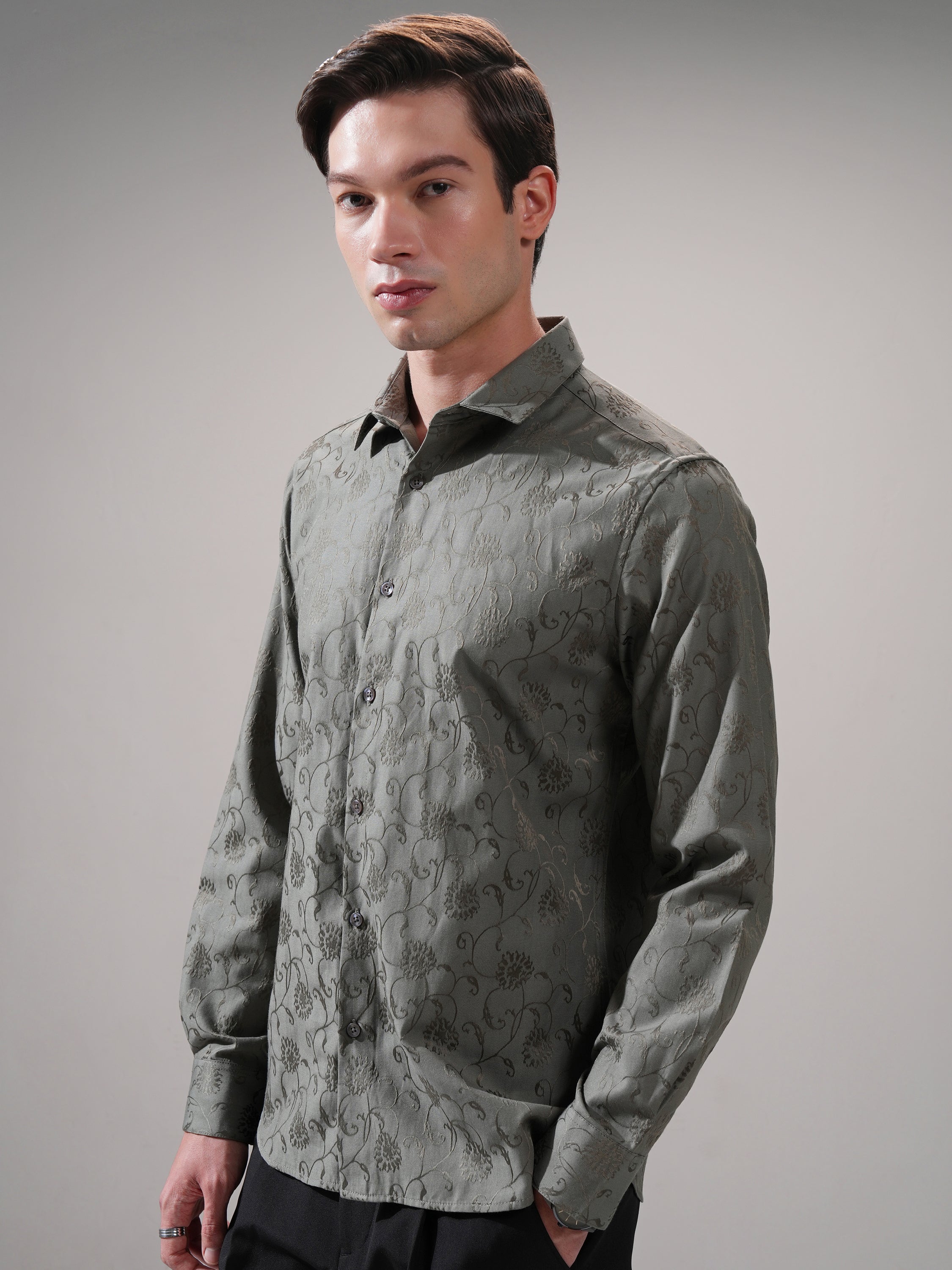 Highlander Men Olive Self Design Slim Fit Casual Shirt - Olive - Image 4