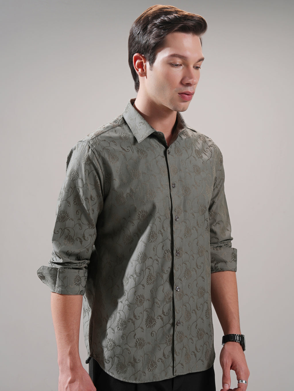 Highlander Men Olive Self Design Slim Fit Casual Shirt - Olive - Image 6