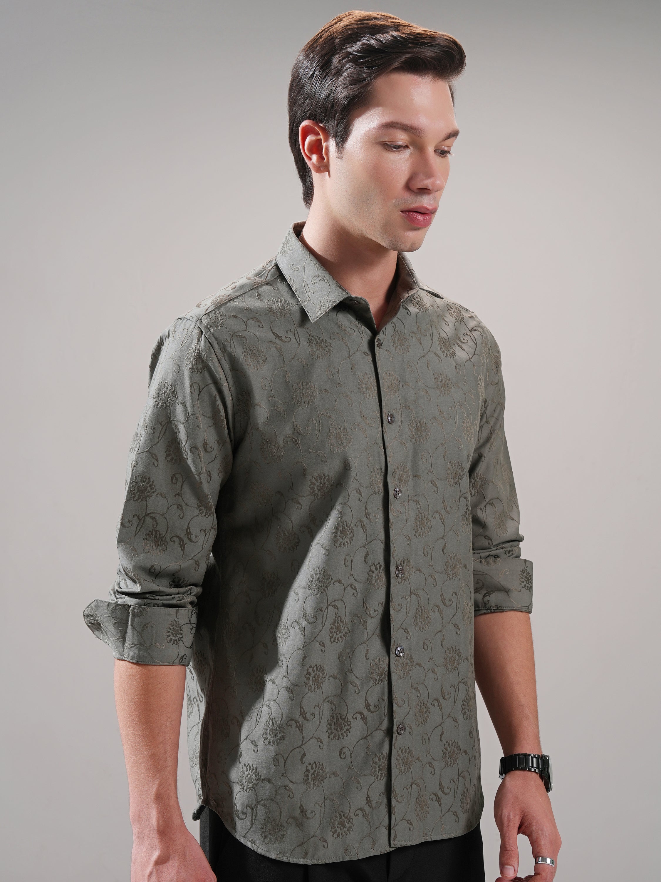 Highlander Men Olive Self Design Slim Fit Casual Shirt - Olive - Image 6