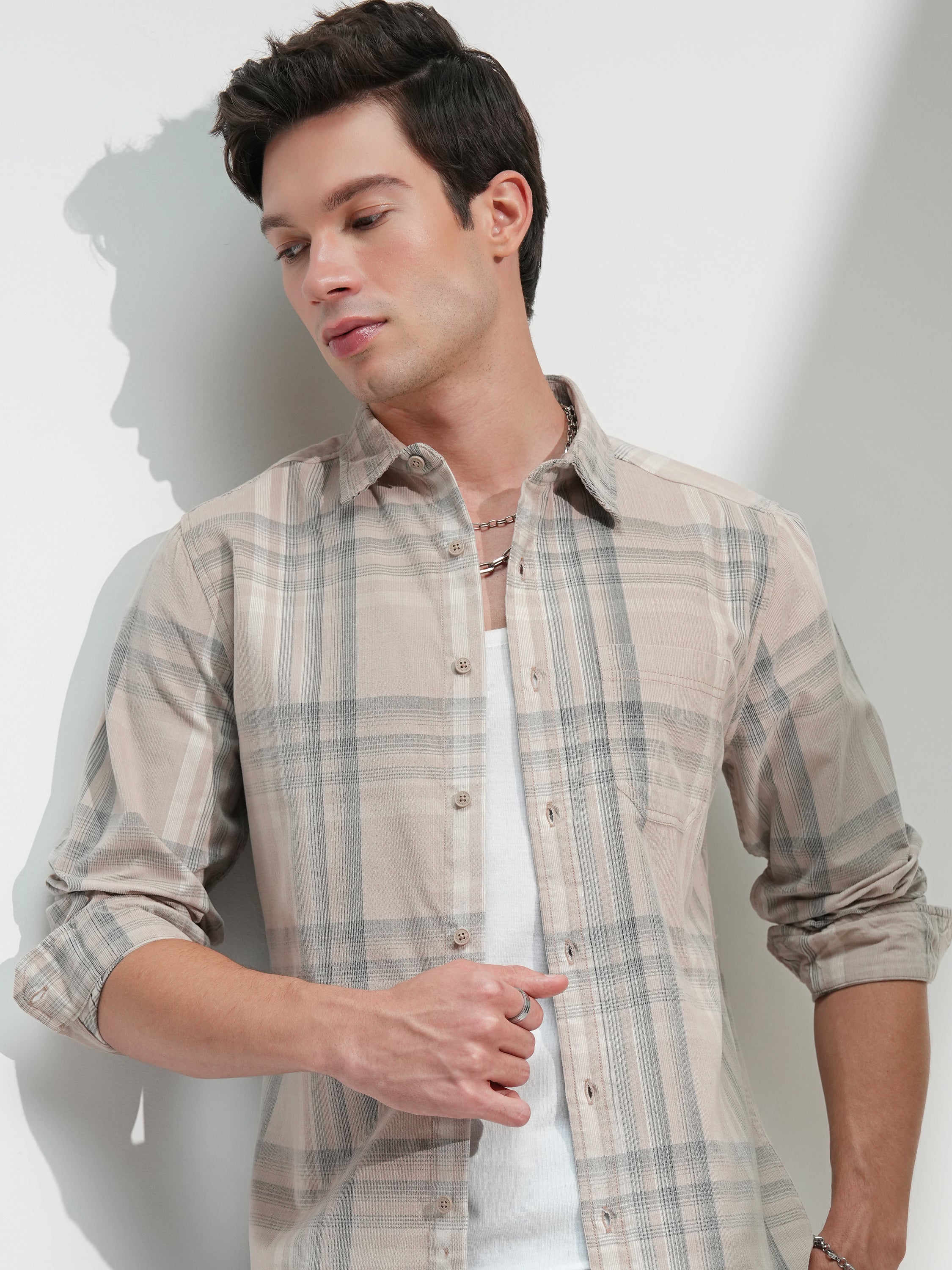 Highlander Men Beige Checked Slim Fit Casual Shirt - Beige - Image 1