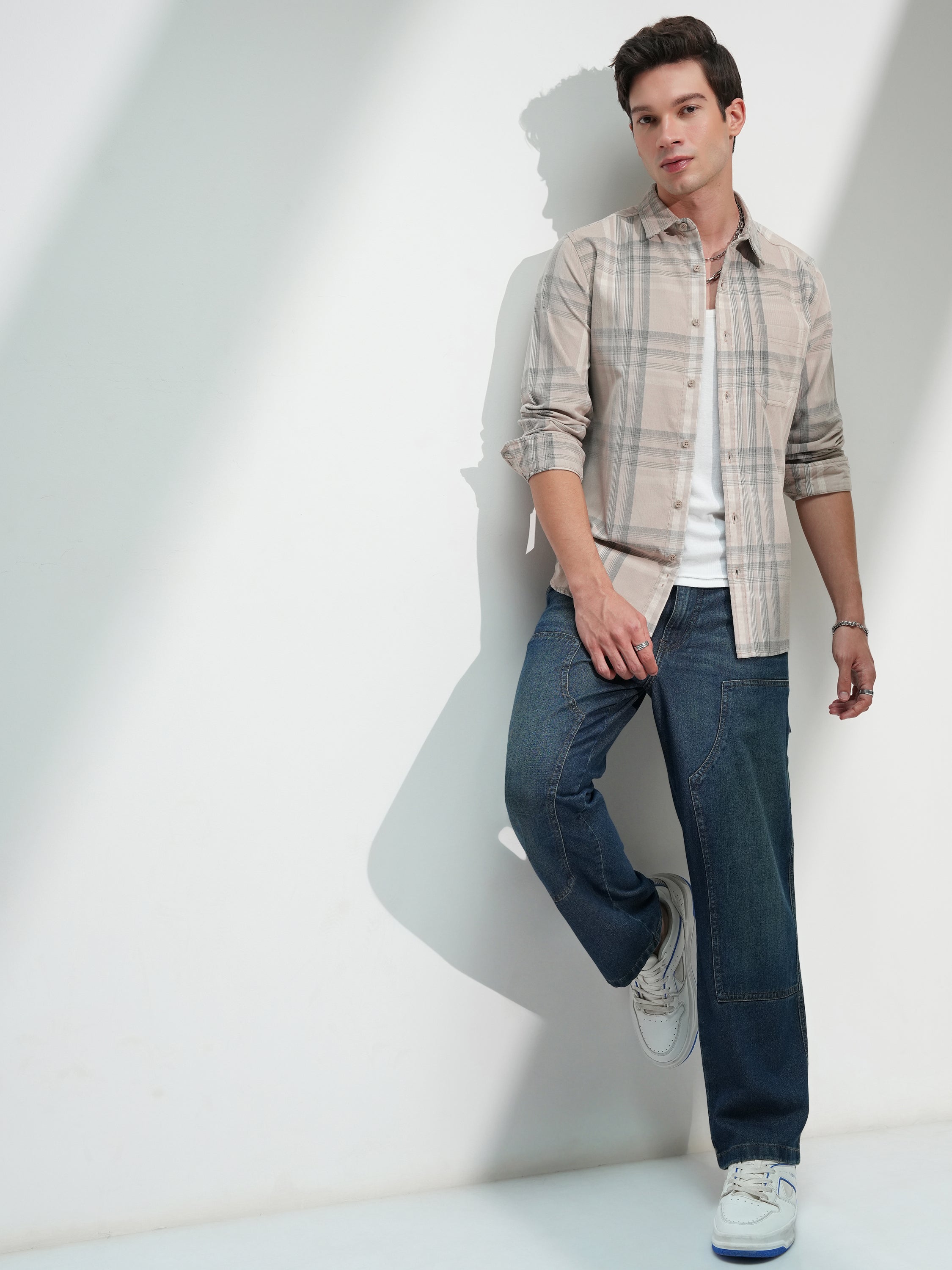 Highlander Men Beige Checked Slim Fit Casual Shirt - Beige - Image 2