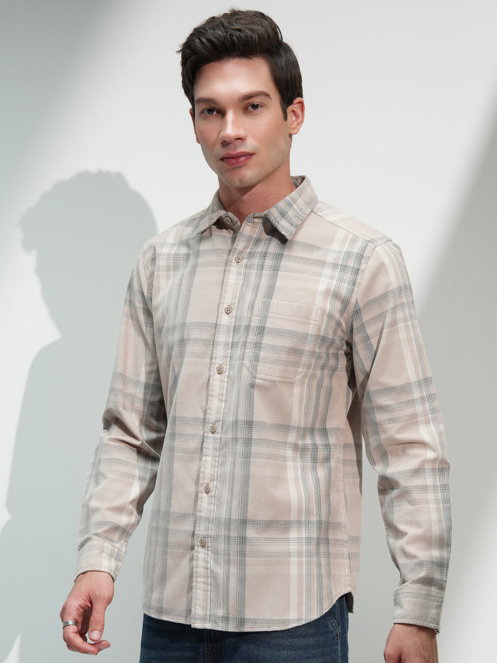 Highlander Men Beige Checked Slim Fit Casual Shirt - Beige - Image 4