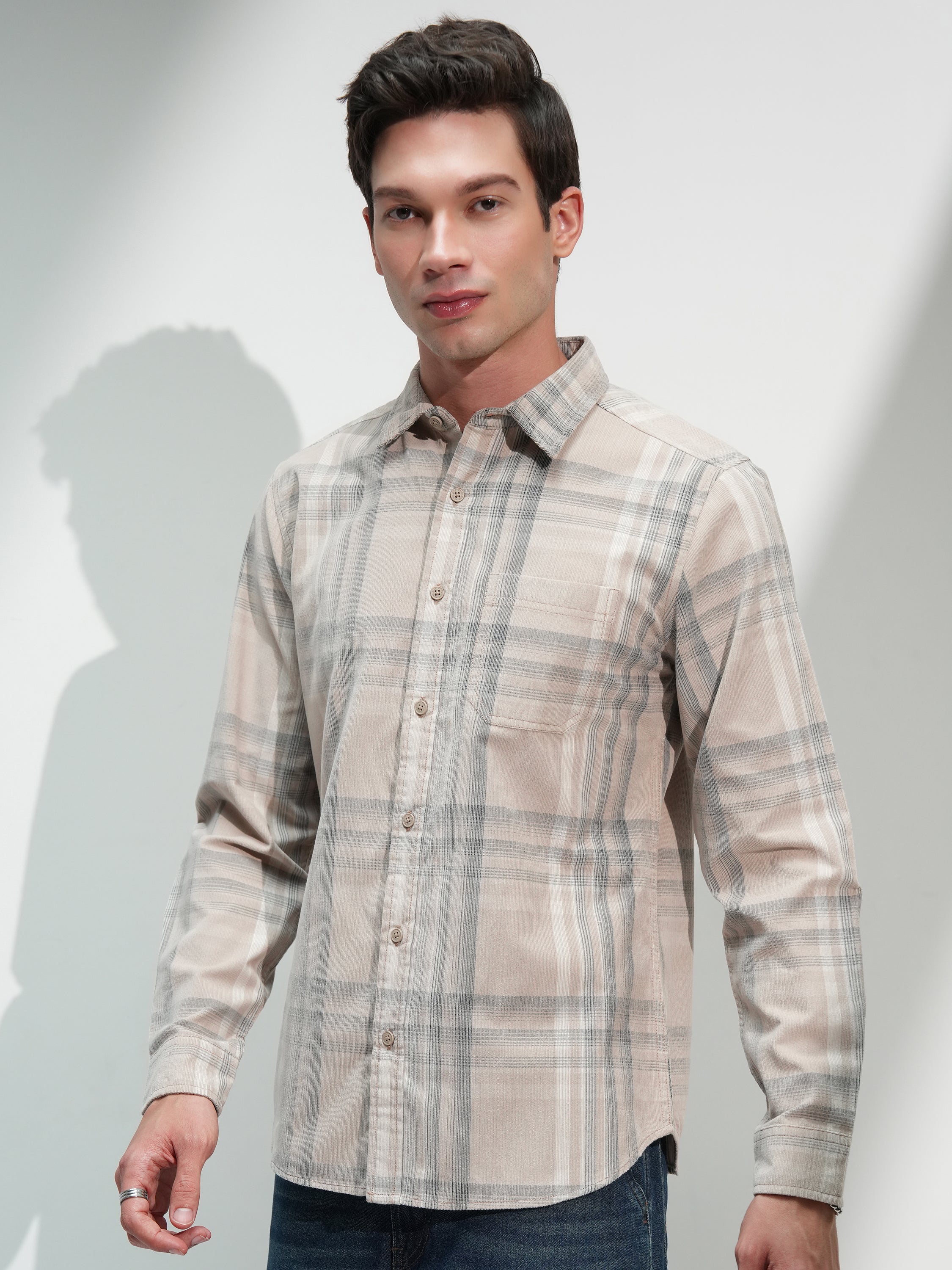 Highlander Men Beige Checked Slim Fit Casual Shirt - Beige - Image 4