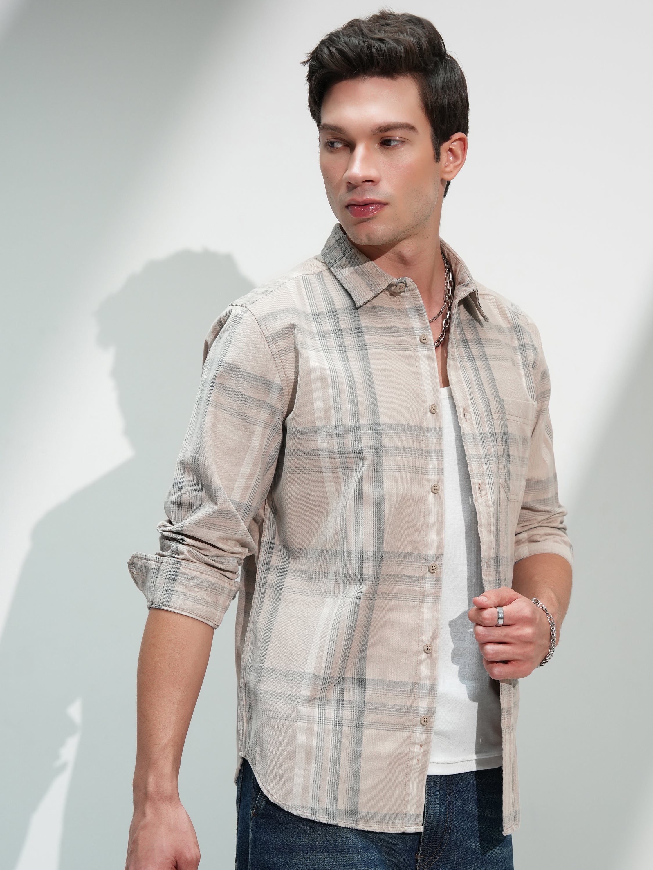 Highlander Men Beige Checked Slim Fit Casual Shirt - Beige - Image 6