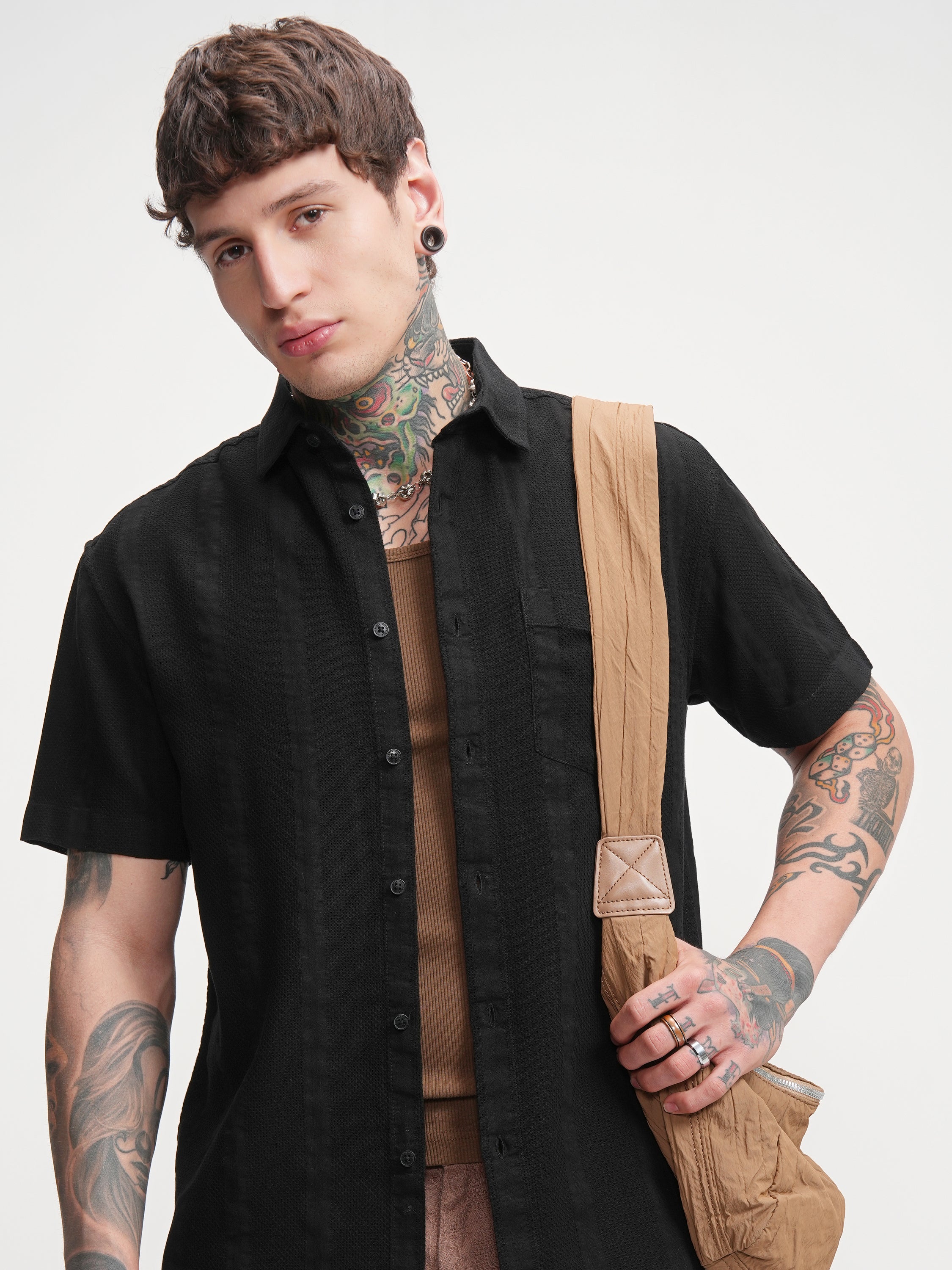 Highlander Men Black Self Design Relaxed Fit Casual Shirt - Black - Image 1