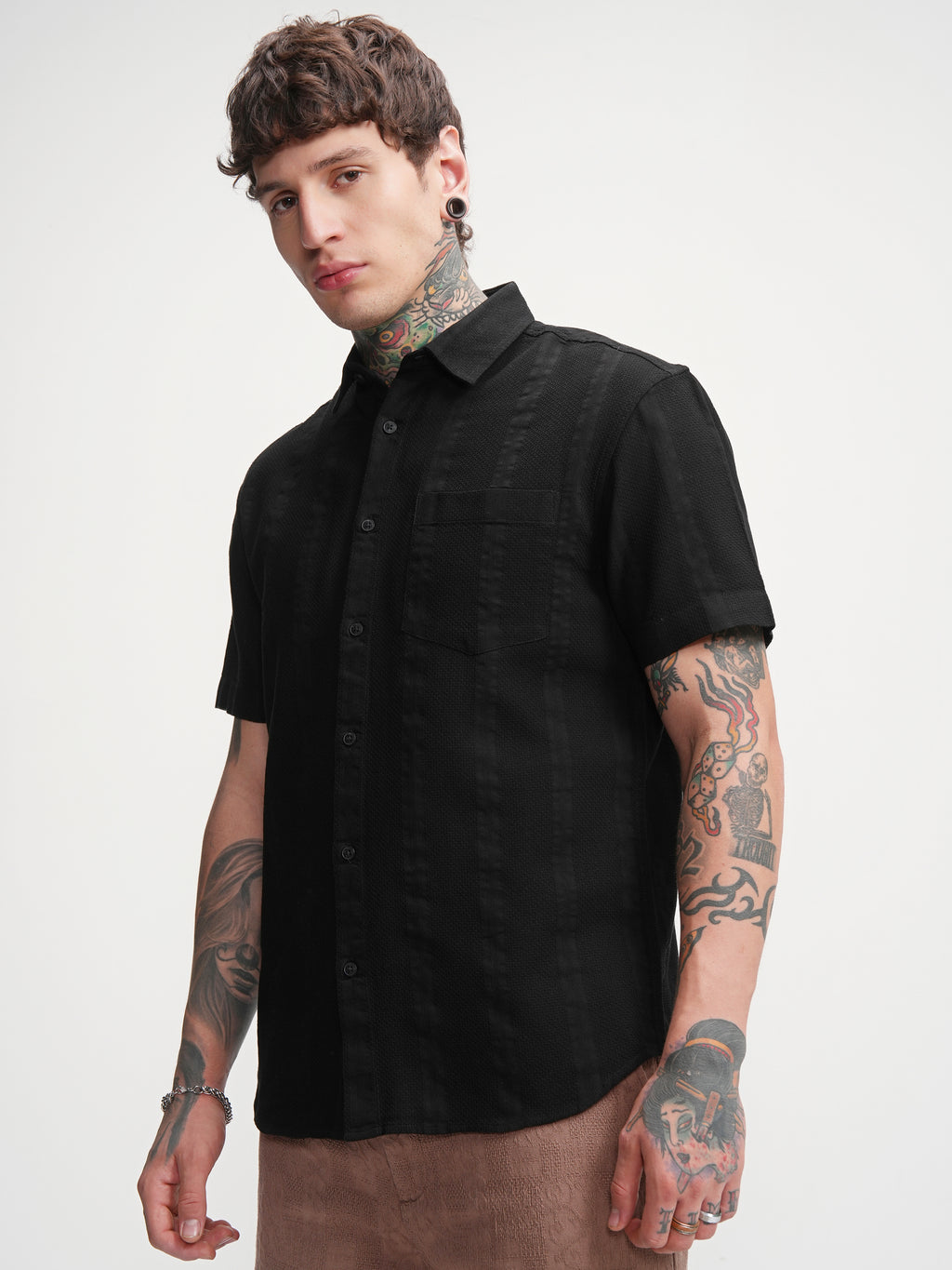 Highlander Men Black Self Design Relaxed Fit Casual Shirt - Black - Image 4