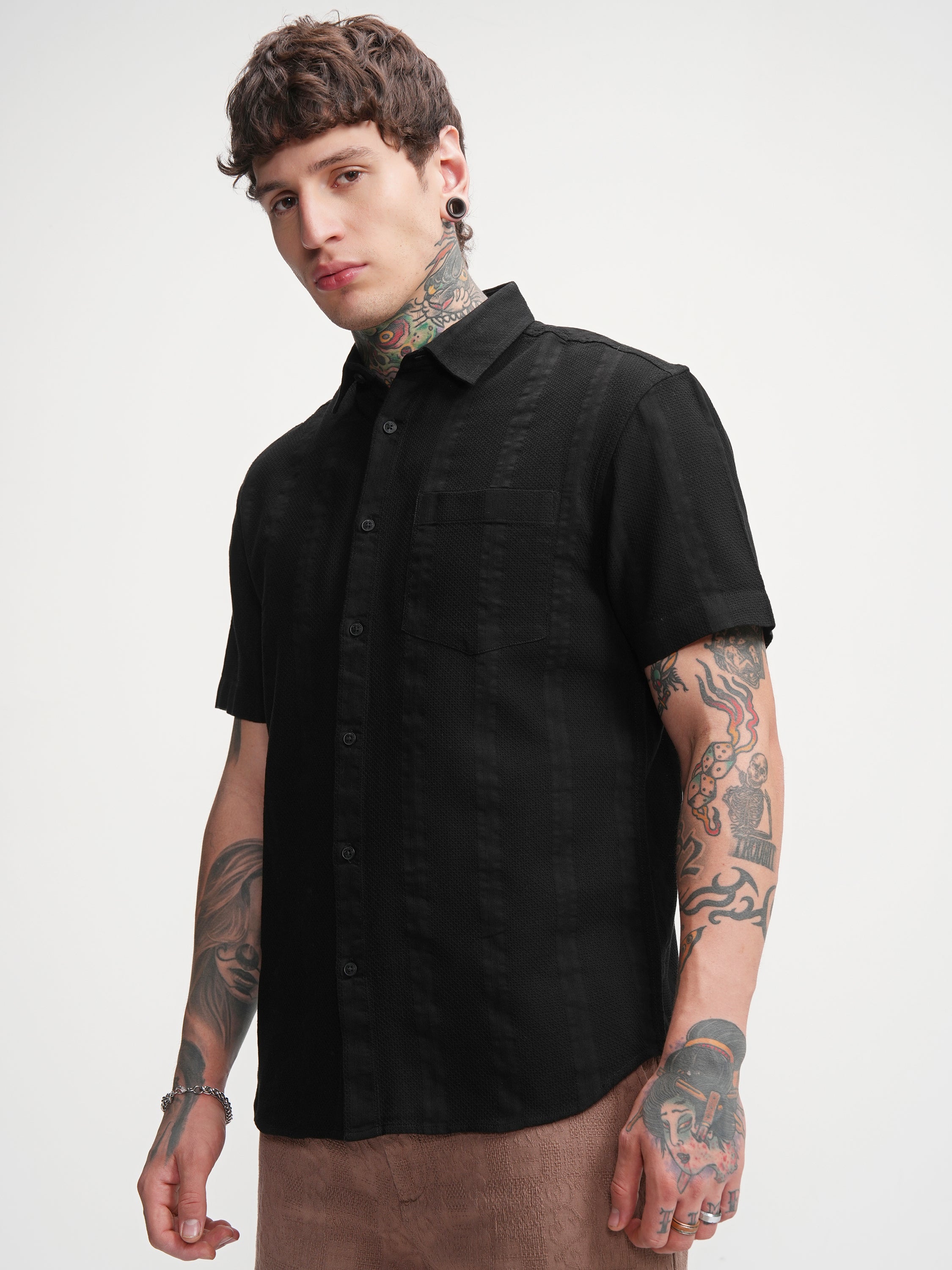 Highlander Men Black Self Design Relaxed Fit Casual Shirt - Black - Image 4