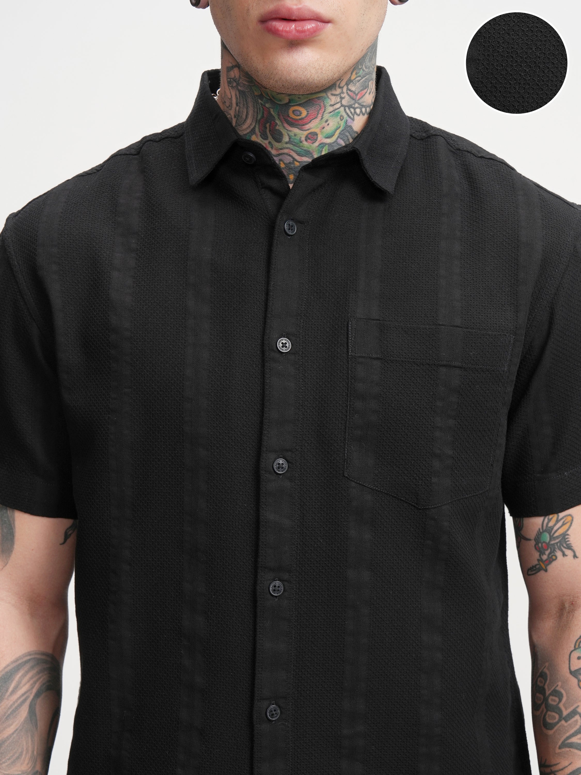 Highlander Men Black Self Design Relaxed Fit Casual Shirt - Black - Image 5