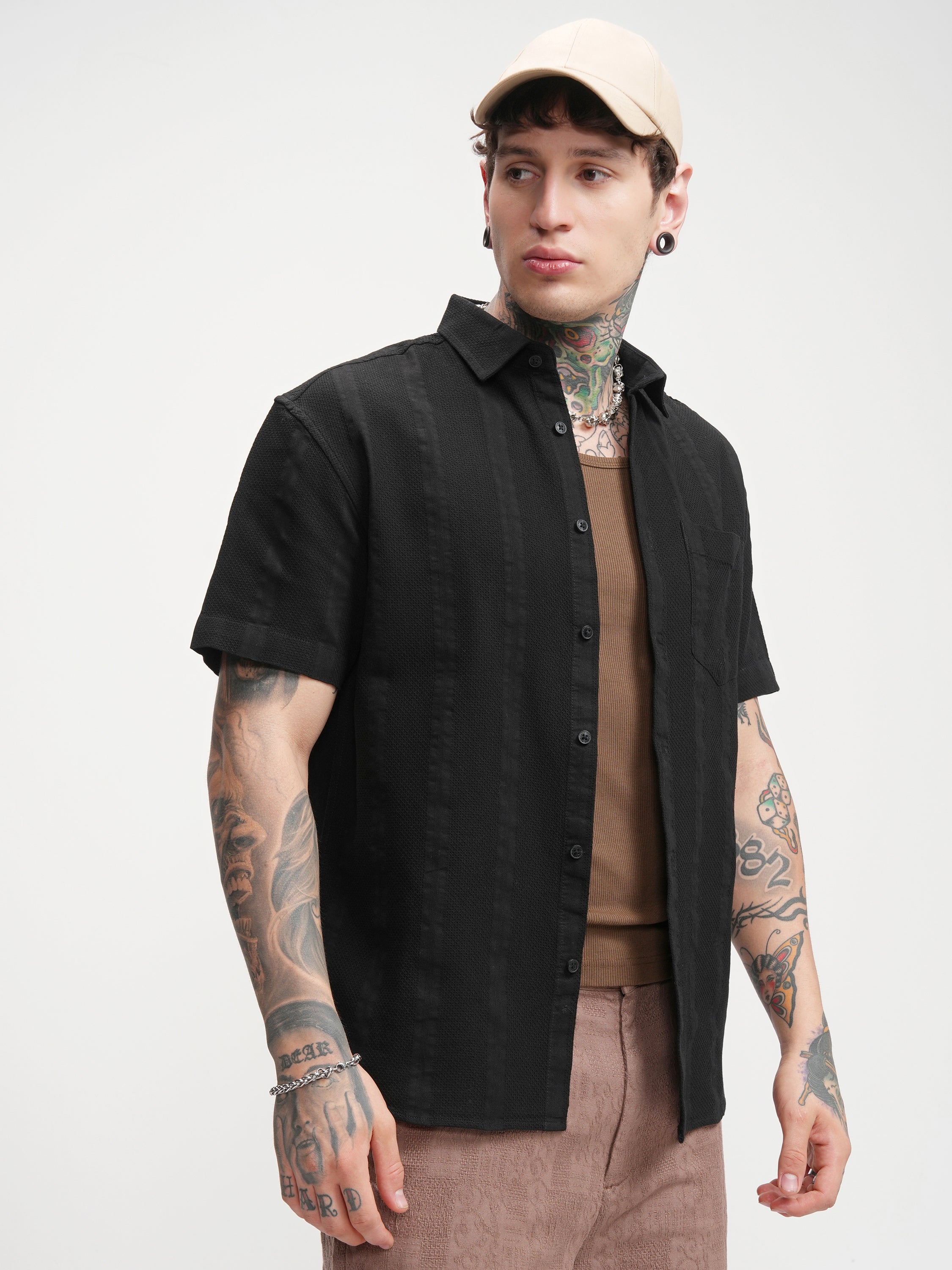 Highlander Men Black Self Design Relaxed Fit Casual Shirt - Black - Image 6