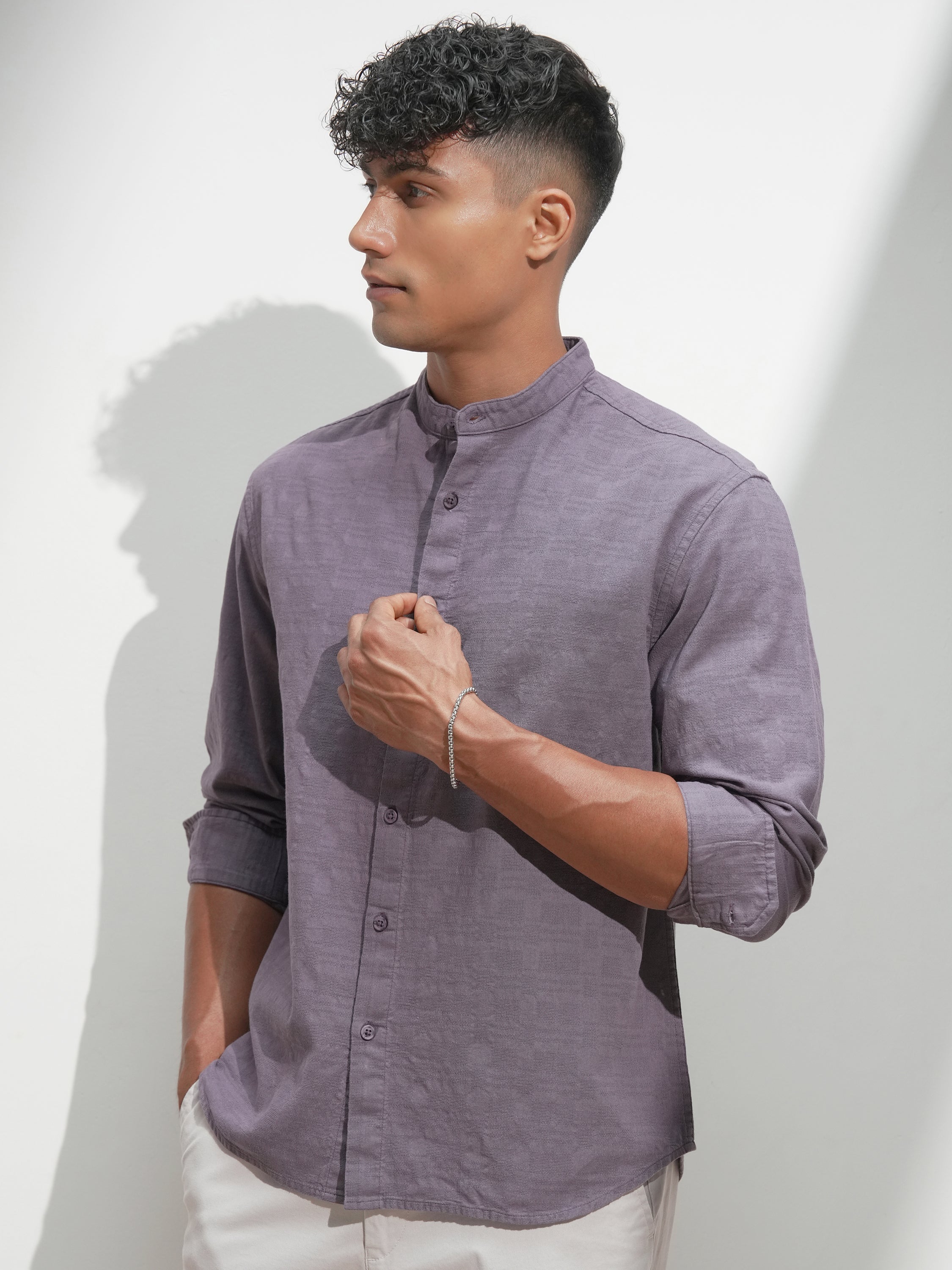 Highlander Men Purple Self Design Relaxed Fit Casual Shirt - Purple - Image 4