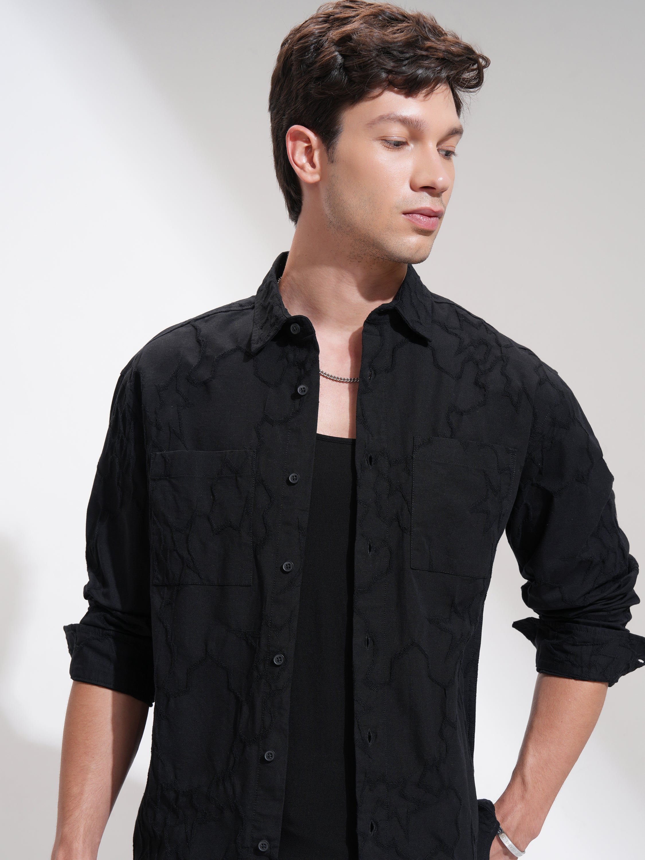 Highlander Men Black Self Design Relaxed Fit Casual Shirt - Black - Image 1
