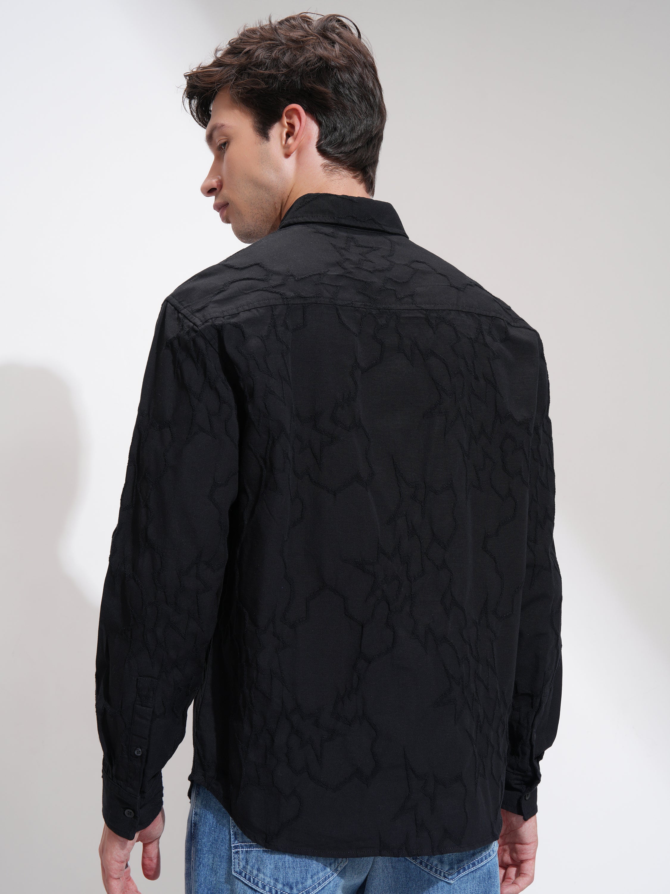 Highlander Men Black Self Design Relaxed Fit Casual Shirt - Black - Image 3
