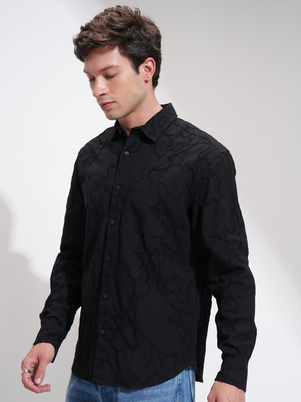 Highlander Men Black Self Design Relaxed Fit Casual Shirt - Black - Image 4