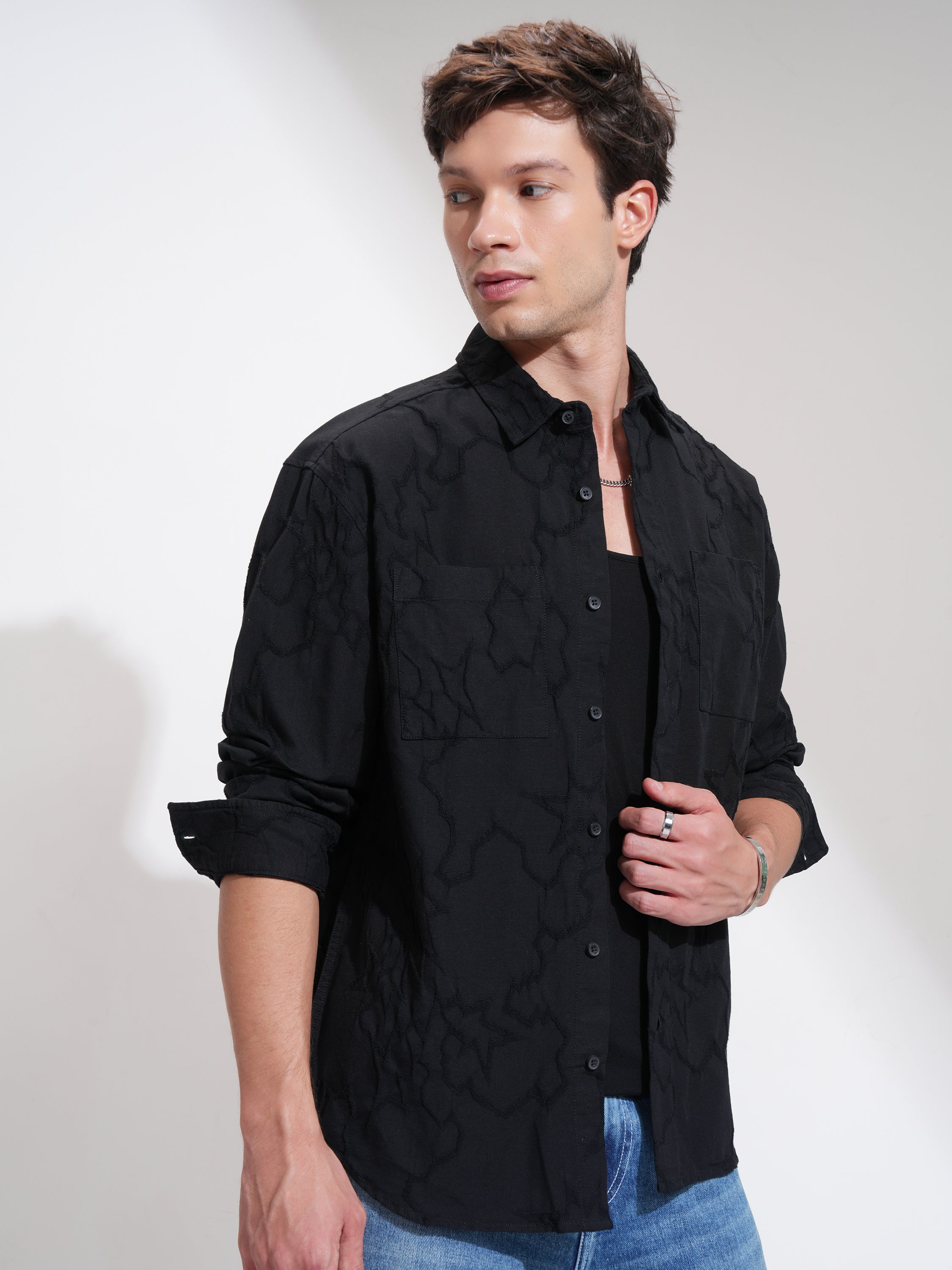 Highlander Men Black Self Design Relaxed Fit Casual Shirt - Black - Image 6