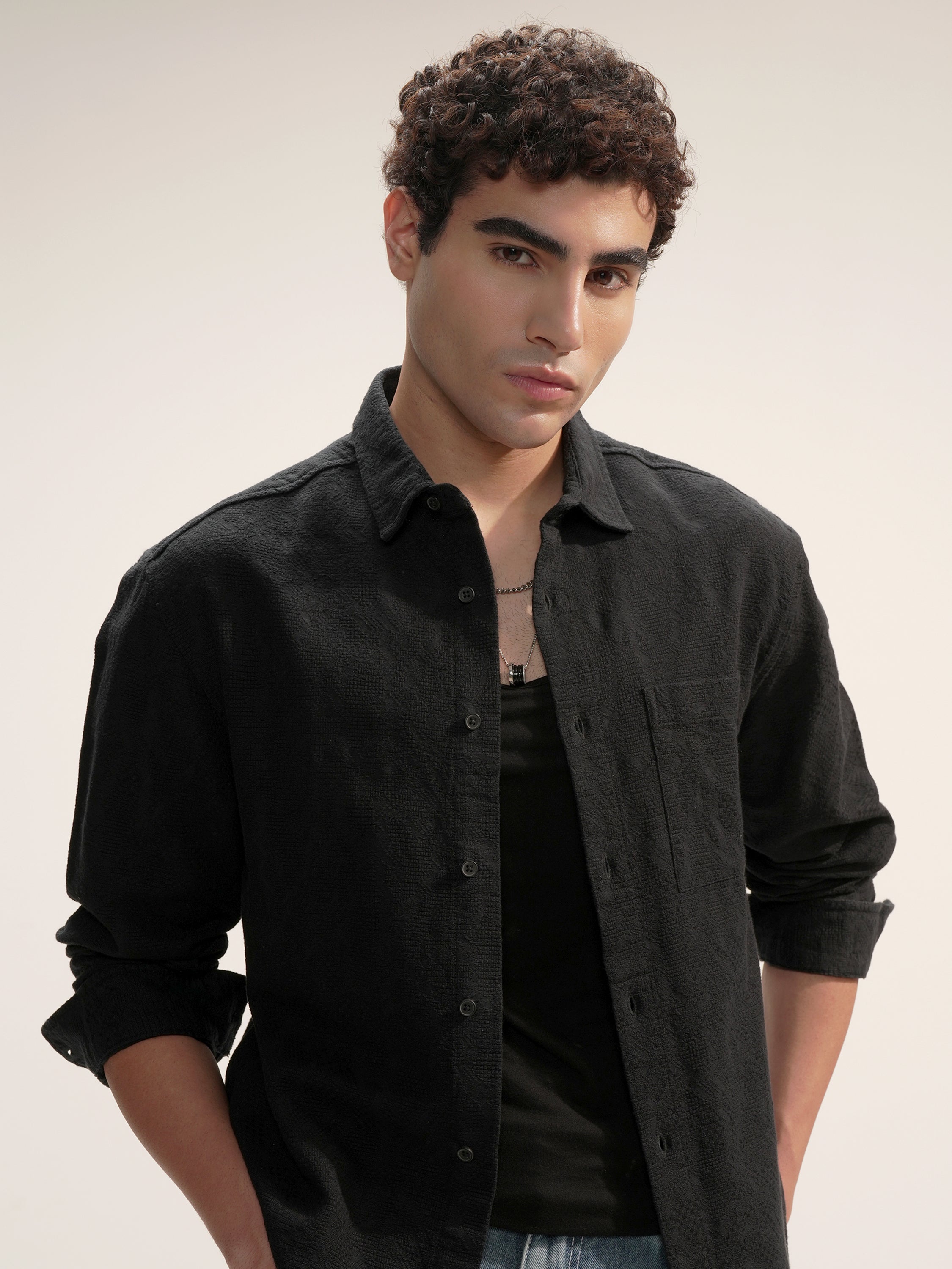 Highlander Men Black Self Design Relaxed Fit Casual Shirt - Black - Image 1