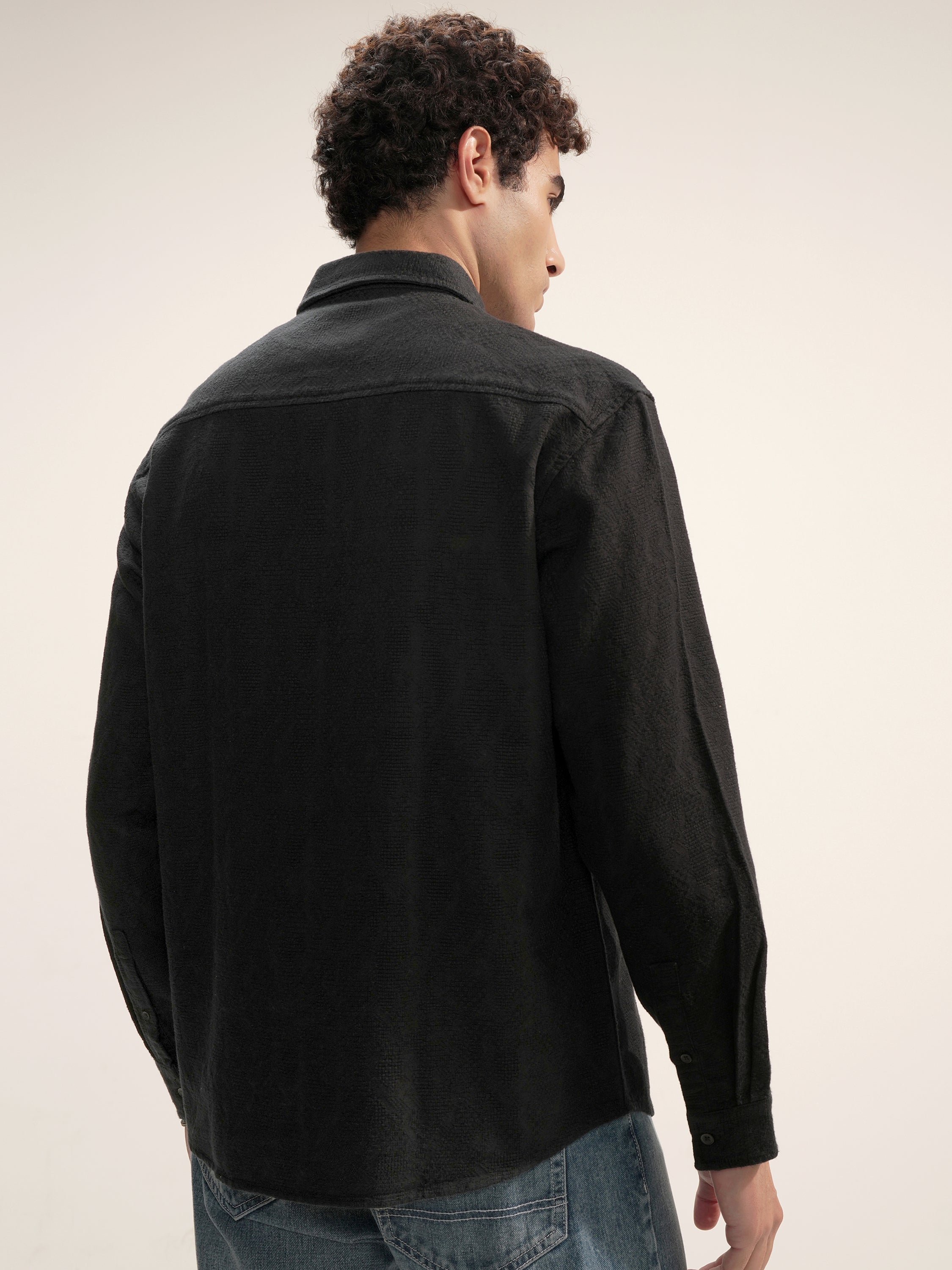 Highlander Men Black Self Design Relaxed Fit Casual Shirt - Black - Image 3