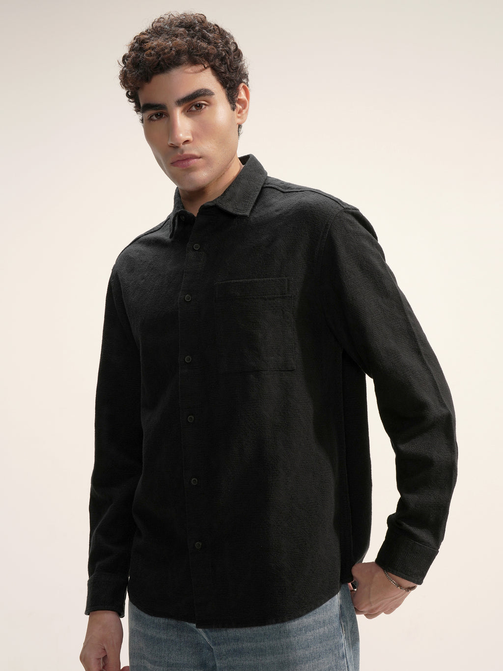 Highlander Men Black Self Design Relaxed Fit Casual Shirt - Black - Image 4