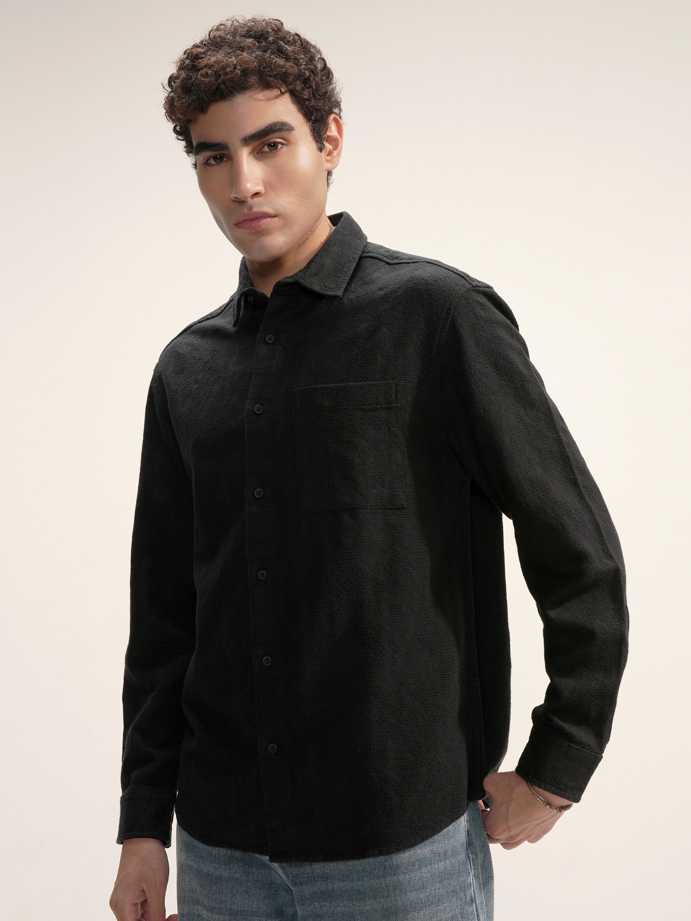 Highlander Men Black Self Design Relaxed Fit Casual Shirt - Black - Image 4