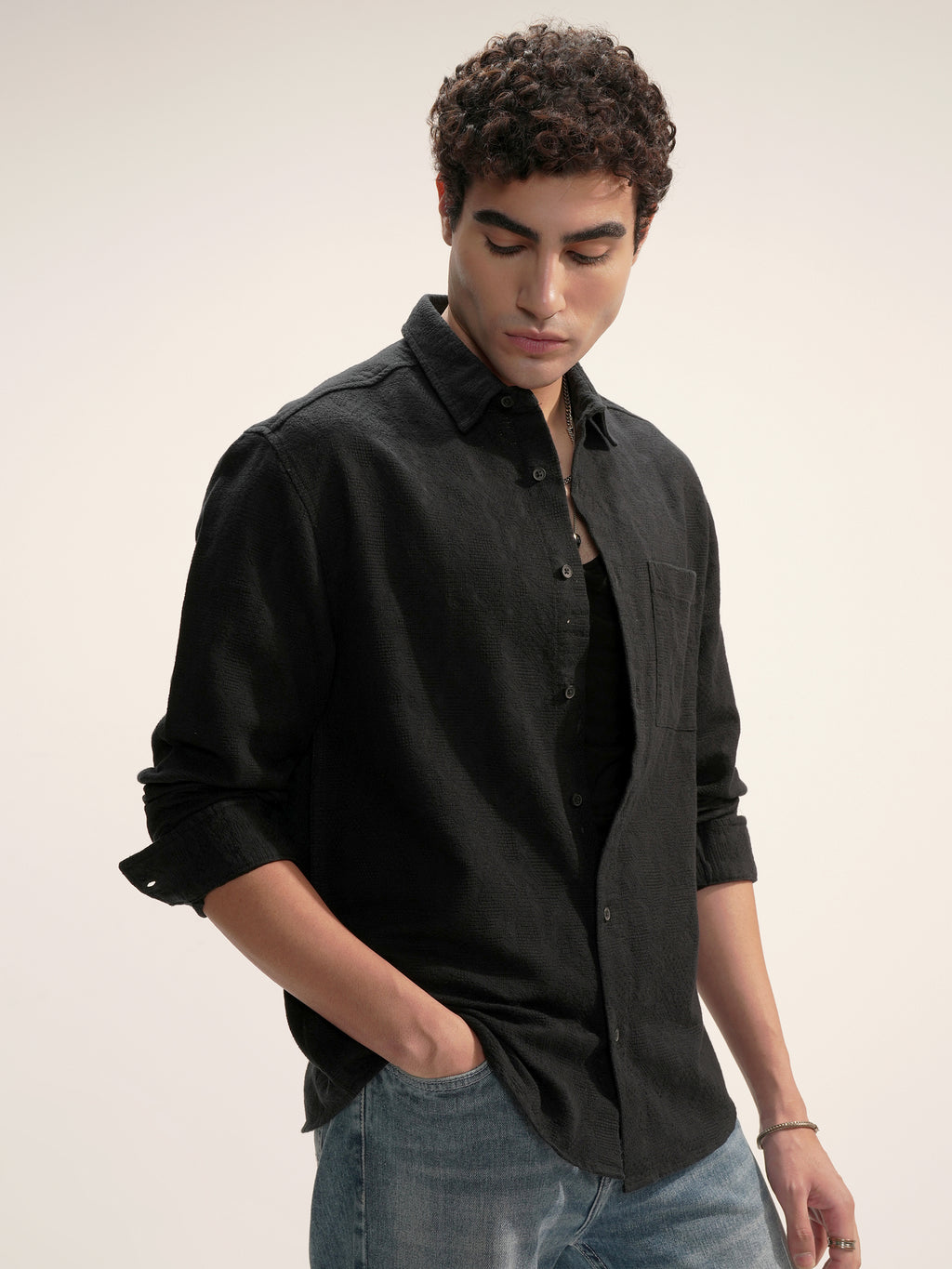 Highlander Men Black Self Design Relaxed Fit Casual Shirt - Black - Image 6