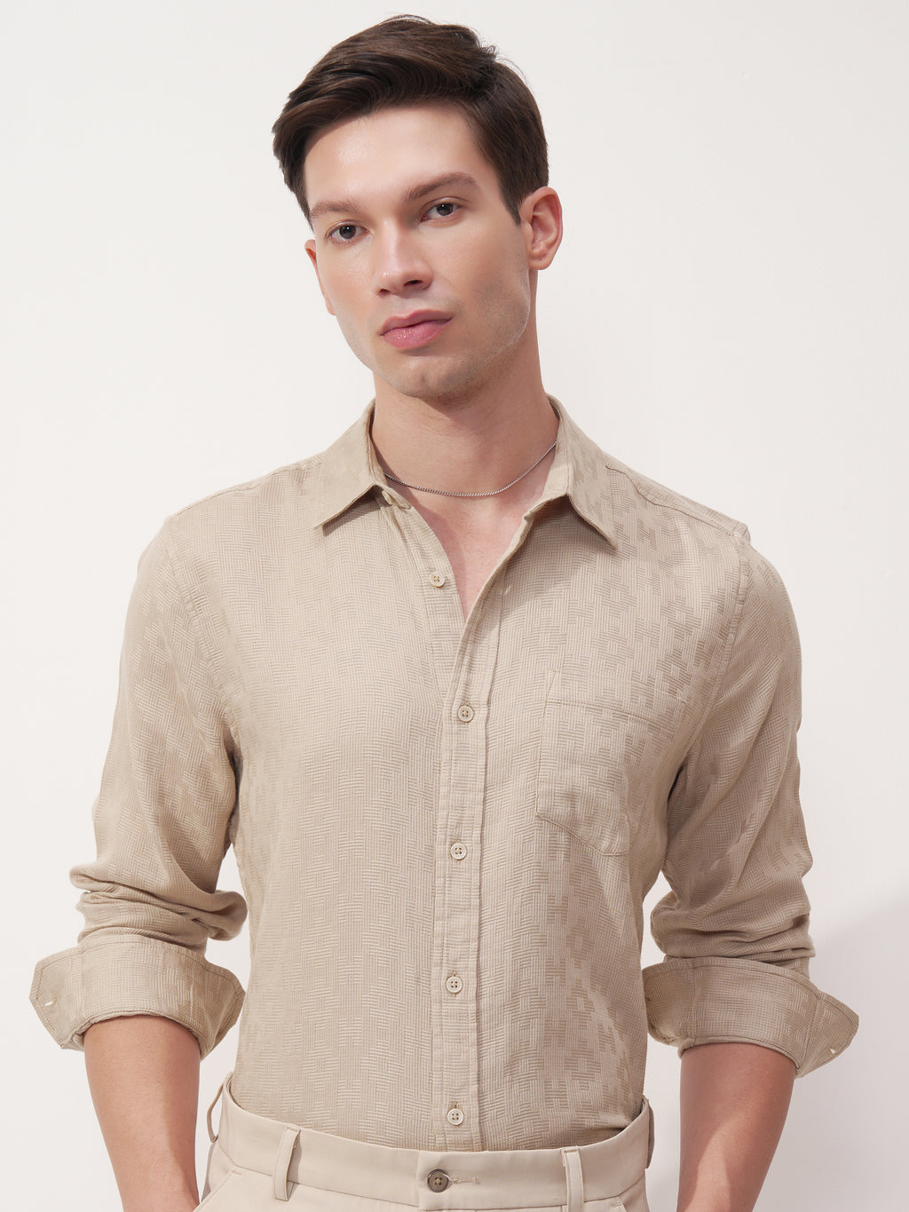 Highlander Men Beige Self Design Slim Fit Casual Shirt - Beige - Image 1