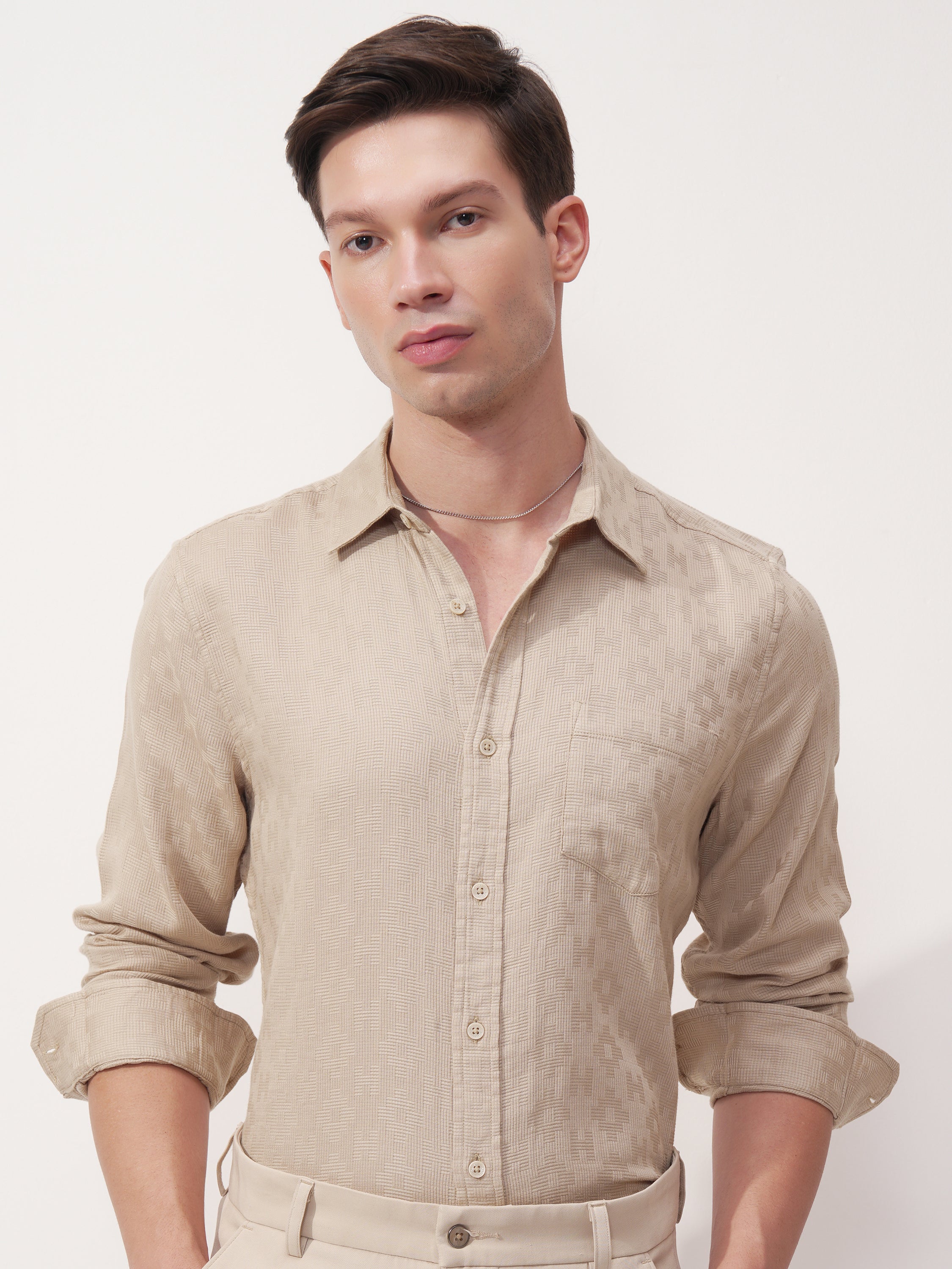 Highlander Men Beige Self Design Slim Fit Casual Shirt - Beige - Image 1