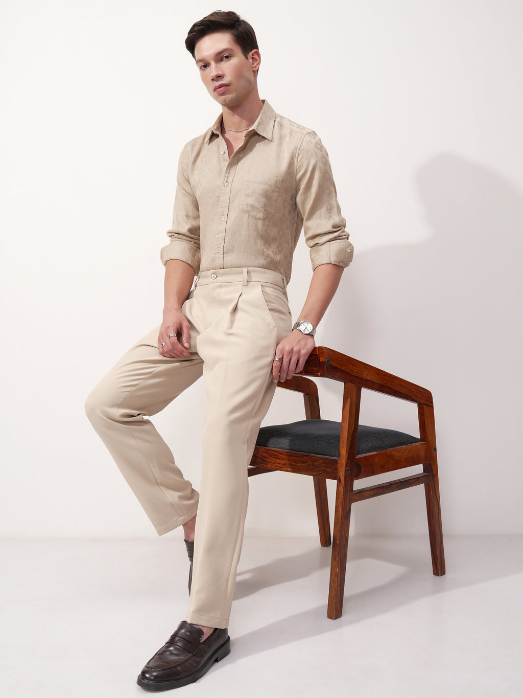 Highlander Men Beige Self Design Slim Fit Casual Shirt - Beige - Image 2