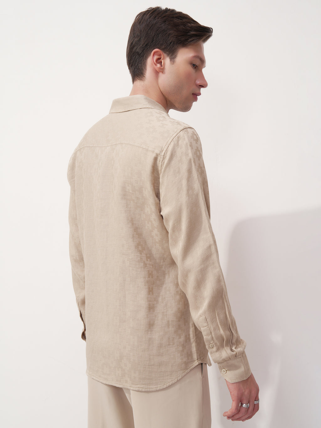 Highlander Men Beige Self Design Slim Fit Casual Shirt - Beige - Image 3