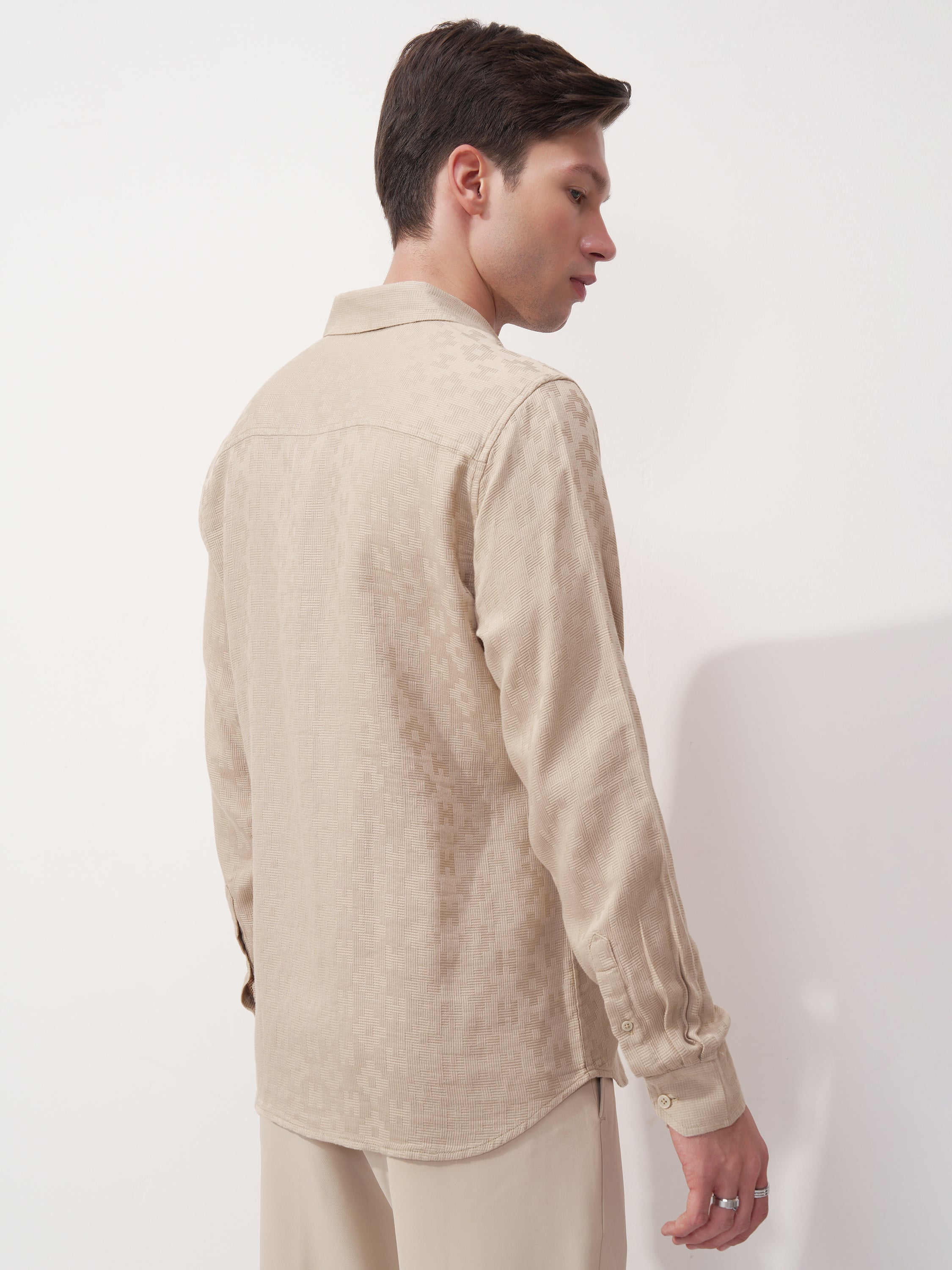 Highlander Men Beige Self Design Slim Fit Casual Shirt - Beige - Image 3