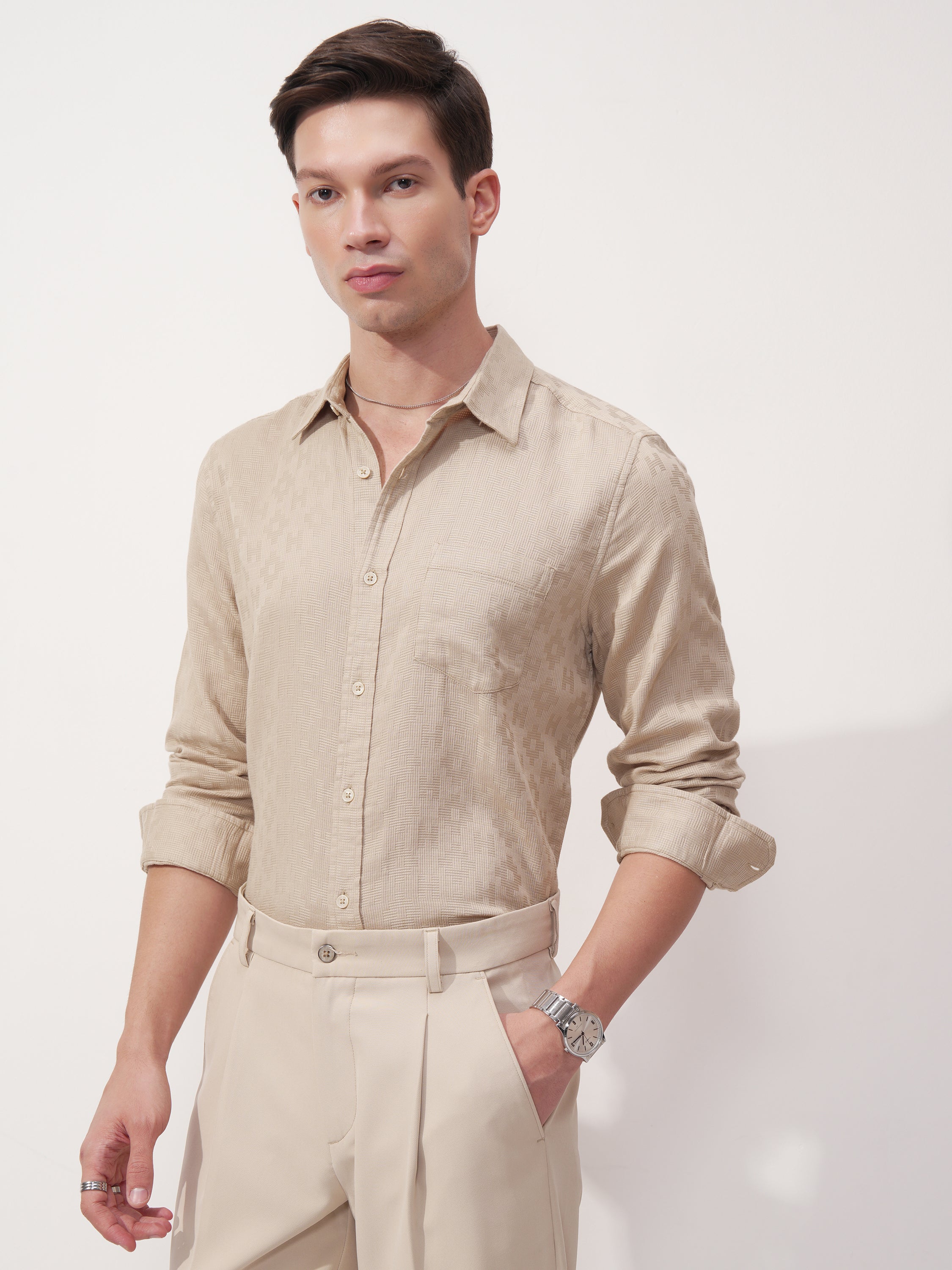 Highlander Men Beige Self Design Slim Fit Casual Shirt - Beige - Image 4