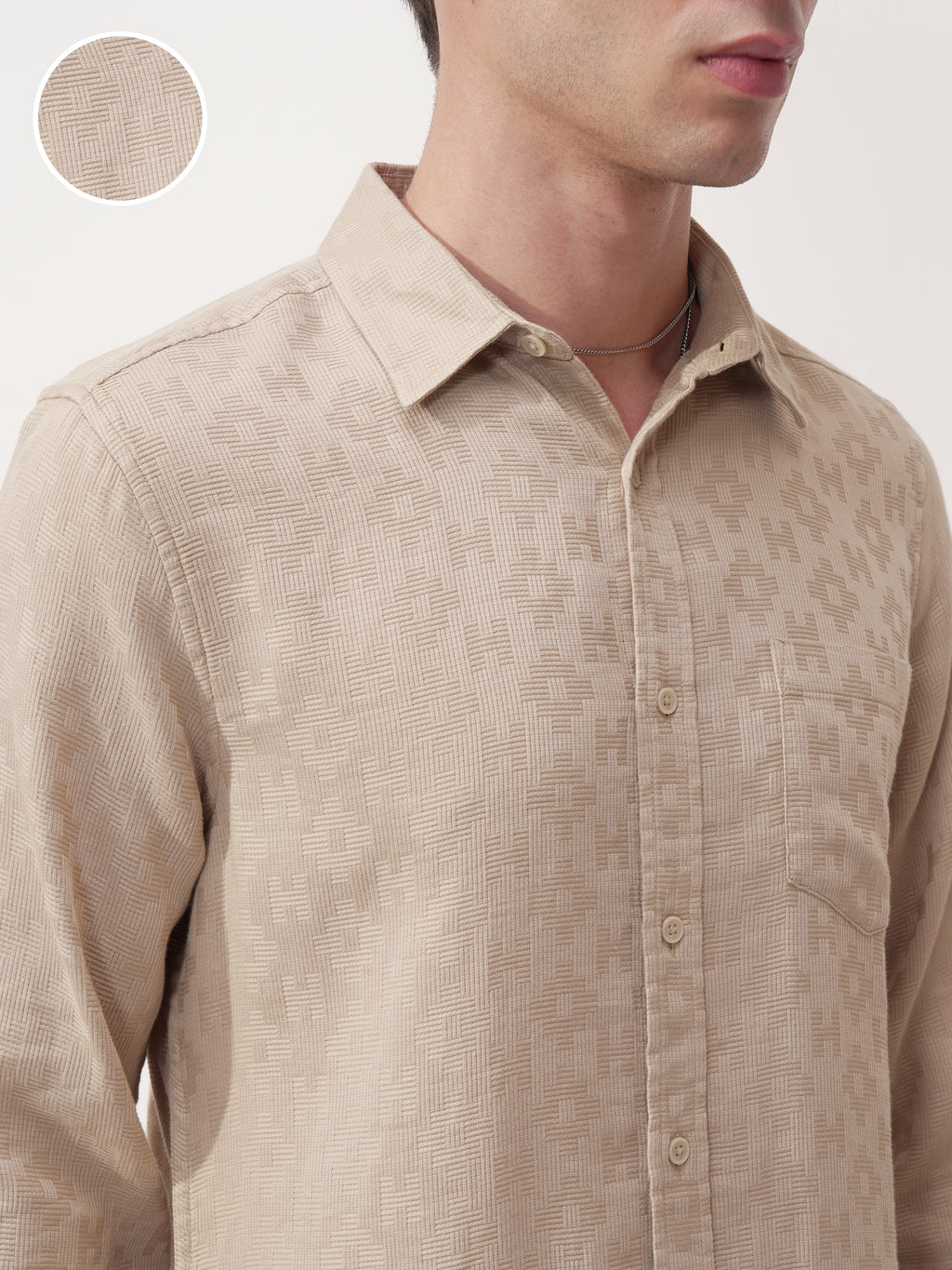 Highlander Men Beige Self Design Slim Fit Casual Shirt - Beige - Image 5