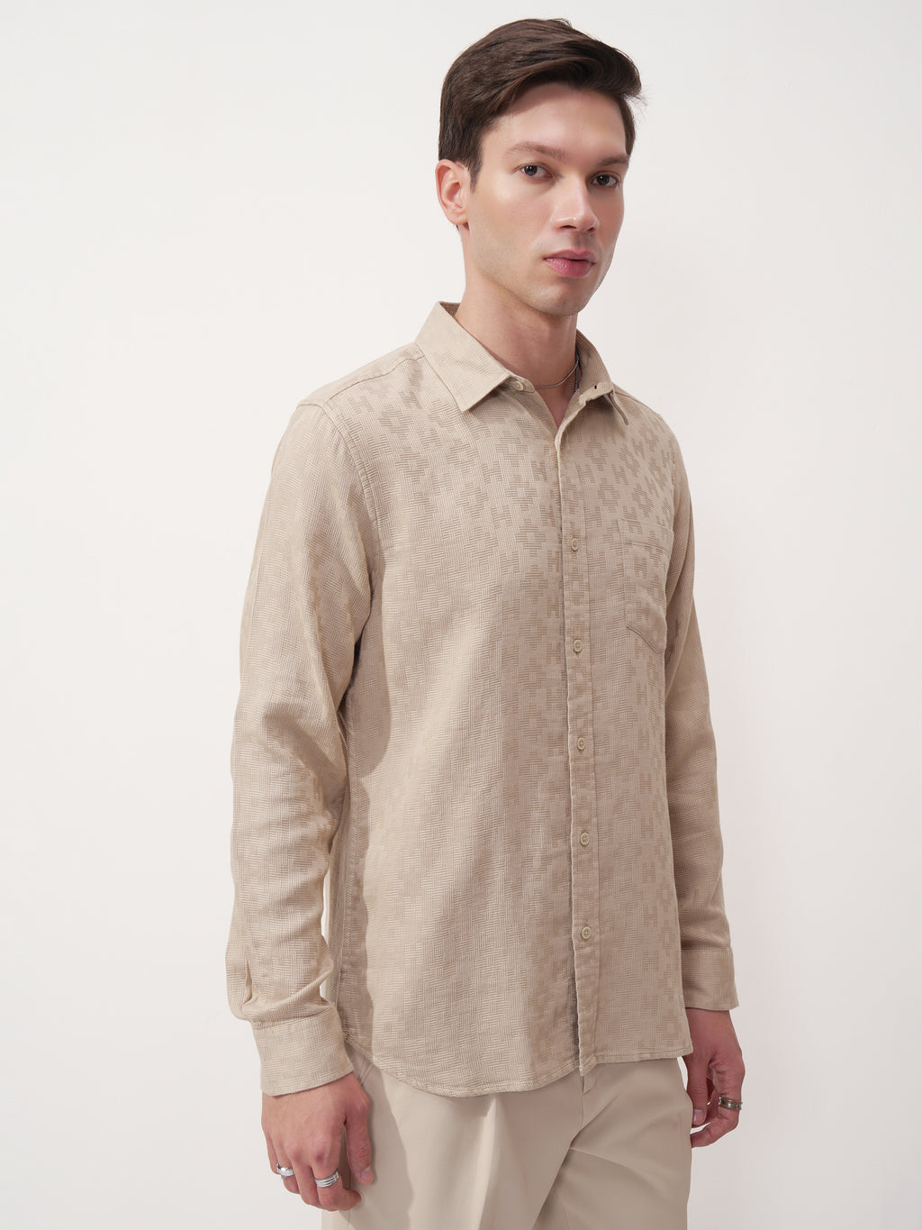 Highlander Men Beige Self Design Slim Fit Casual Shirt - Beige - Image 6