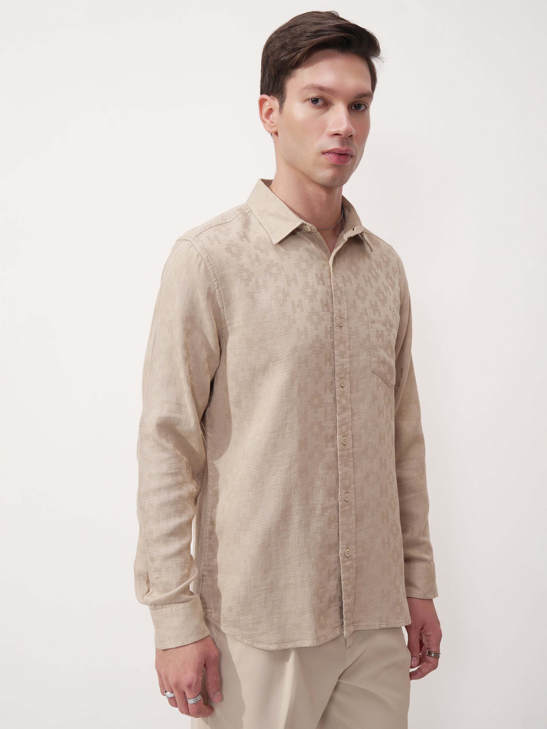 Highlander Men Beige Self Design Slim Fit Casual Shirt - Beige - Image 6
