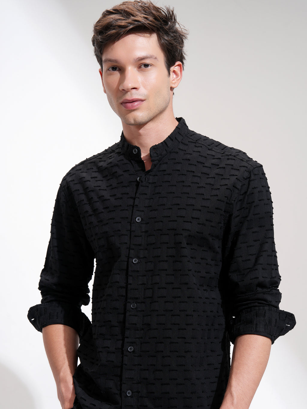 Highlander Men Black Self Design Relaxed Fit Casual Shirt - Black - Image 1