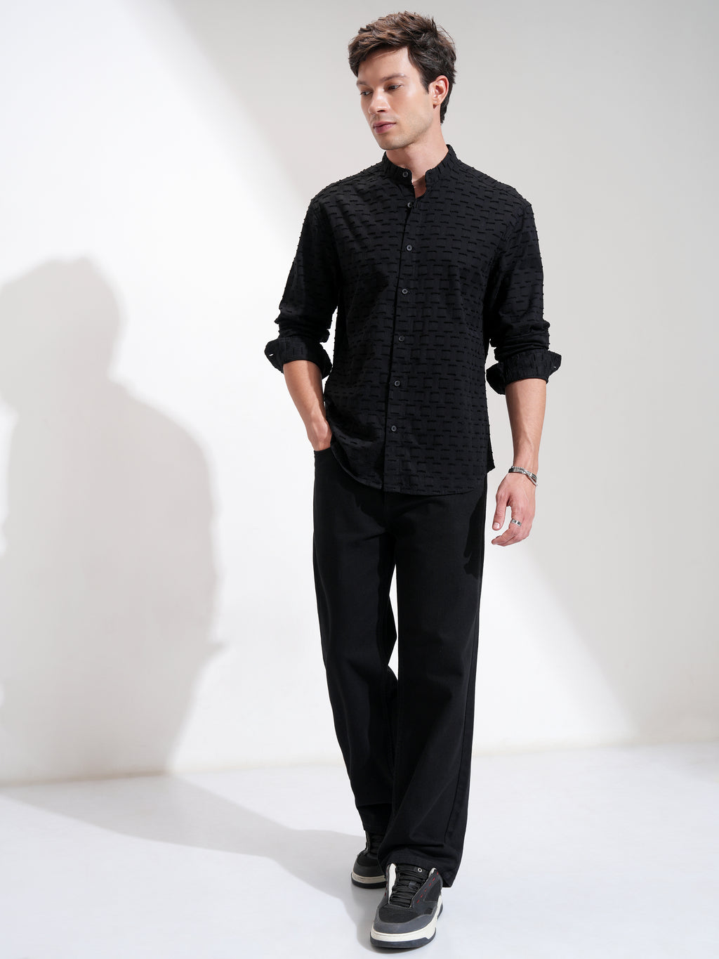 Highlander Men Black Self Design Relaxed Fit Casual Shirt - Black - Image 2