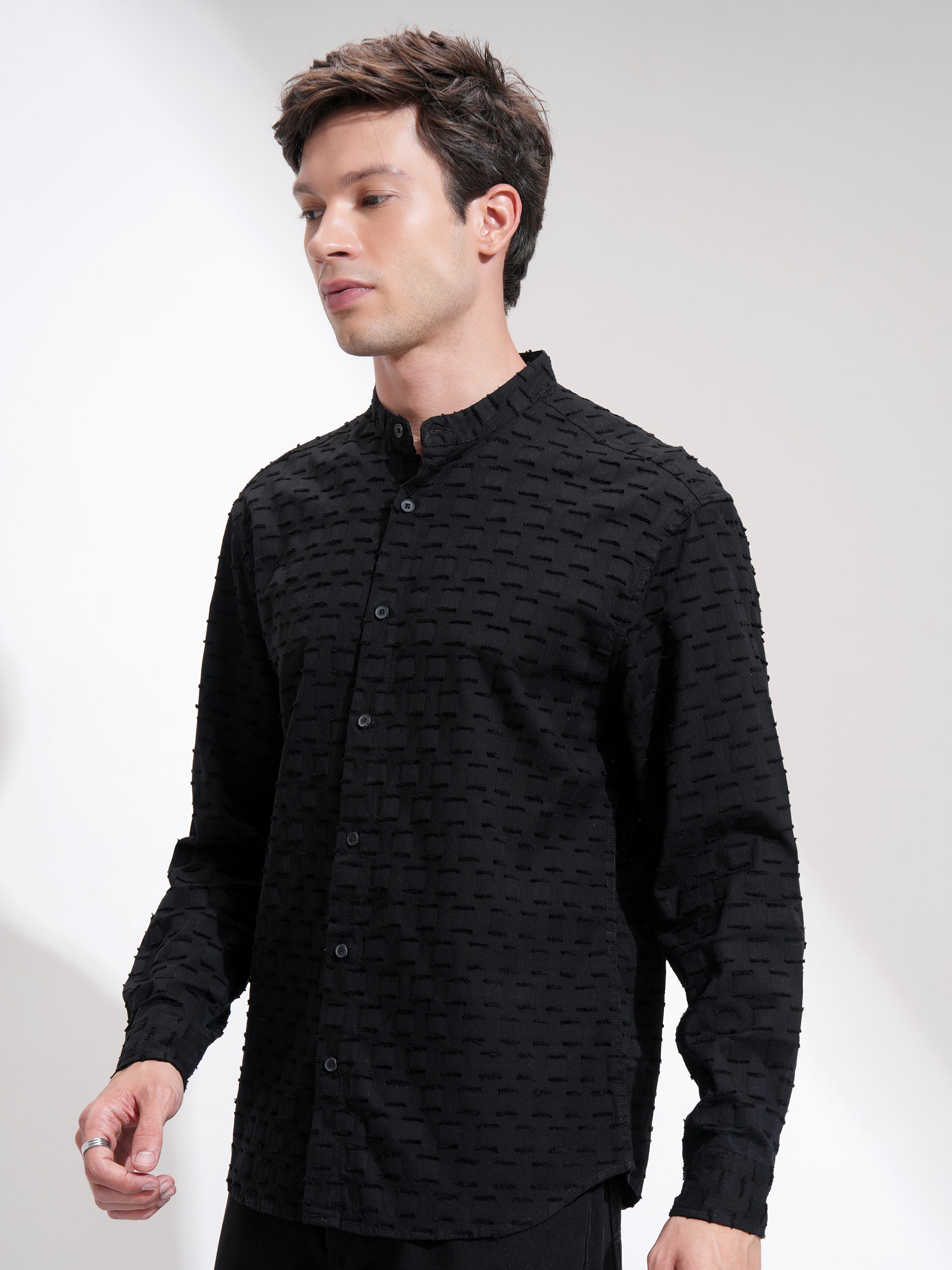 Highlander Men Black Self Design Relaxed Fit Casual Shirt - Black - Image 4