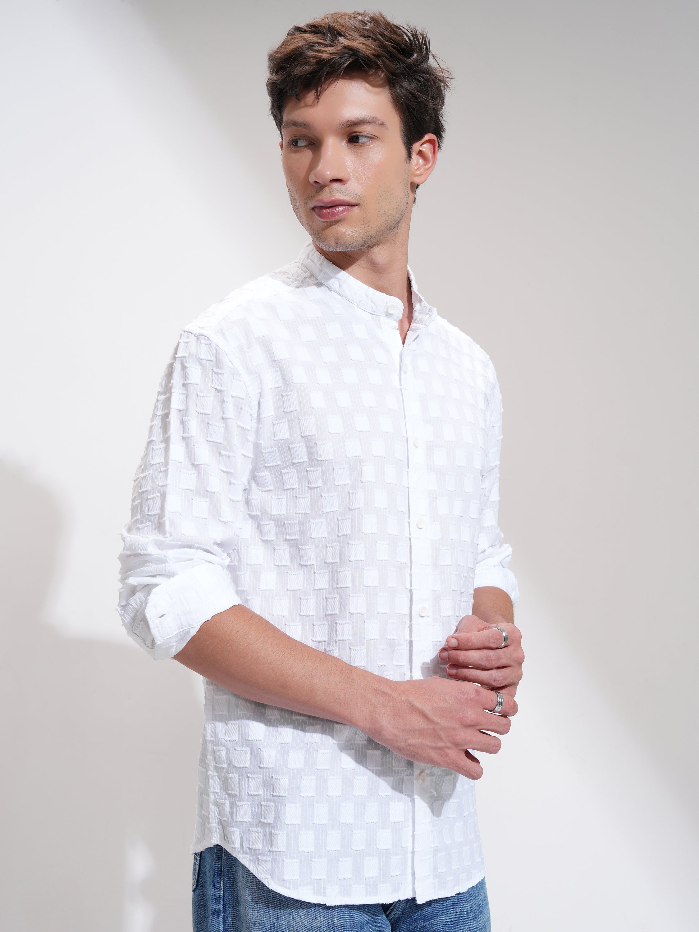 Highlander Men White Self Design Relaxed Fit Casual Shirt - White - Image 6
