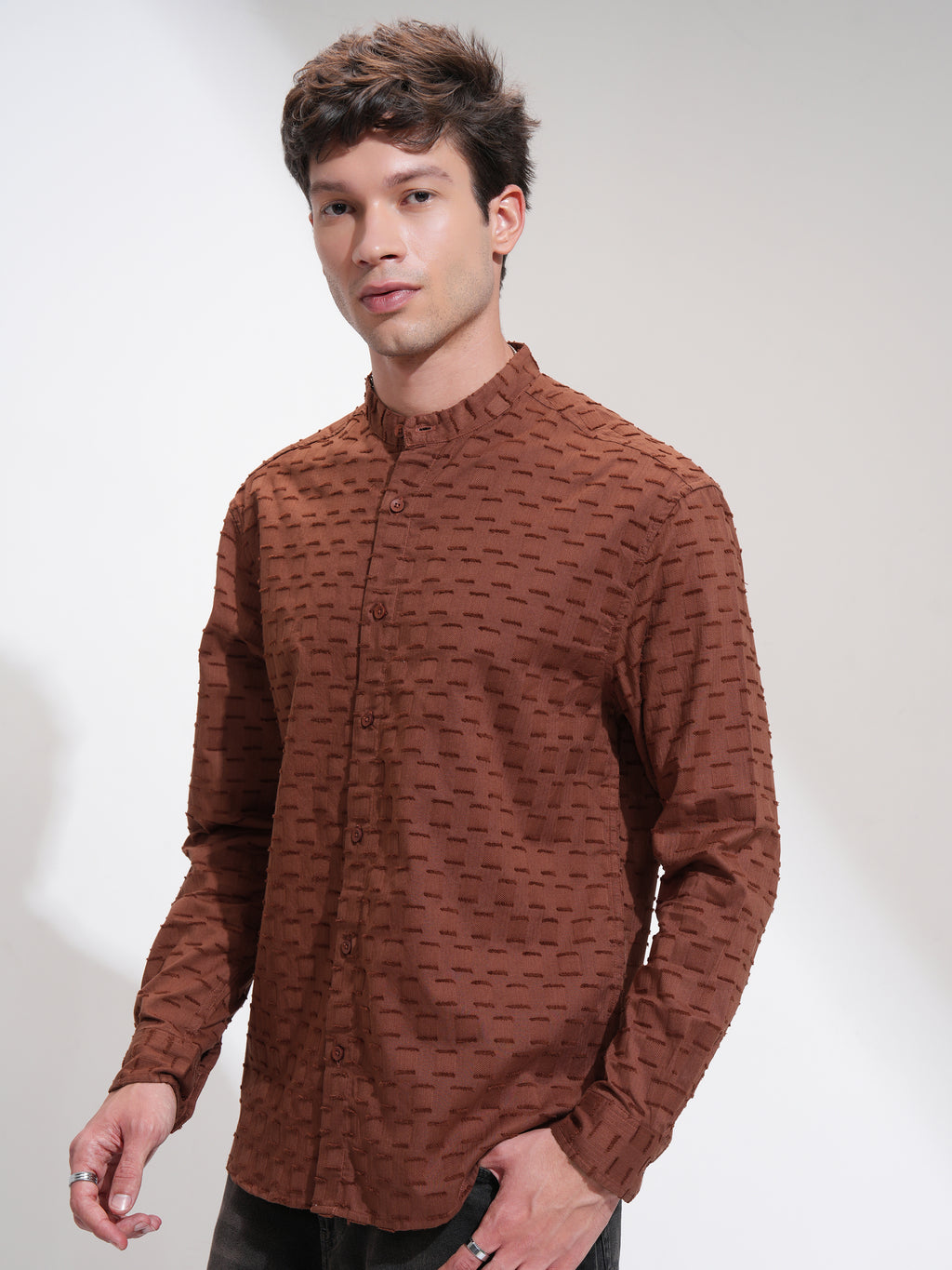 Highlander Men Brown Self Design Relaxed Fit Casual Shirt - Brown - Image 4