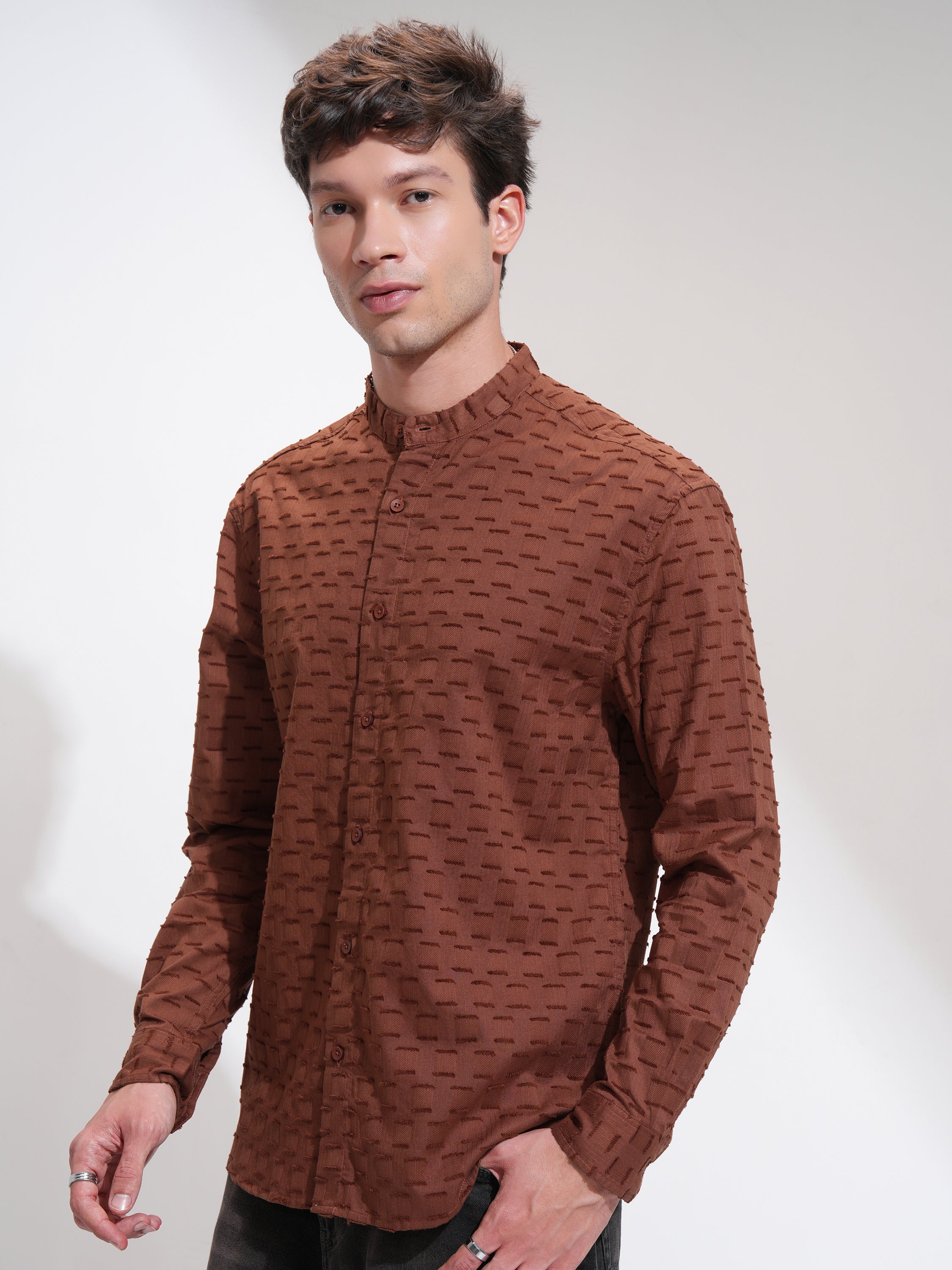 Highlander Men Brown Self Design Relaxed Fit Casual Shirt - Brown - Image 4