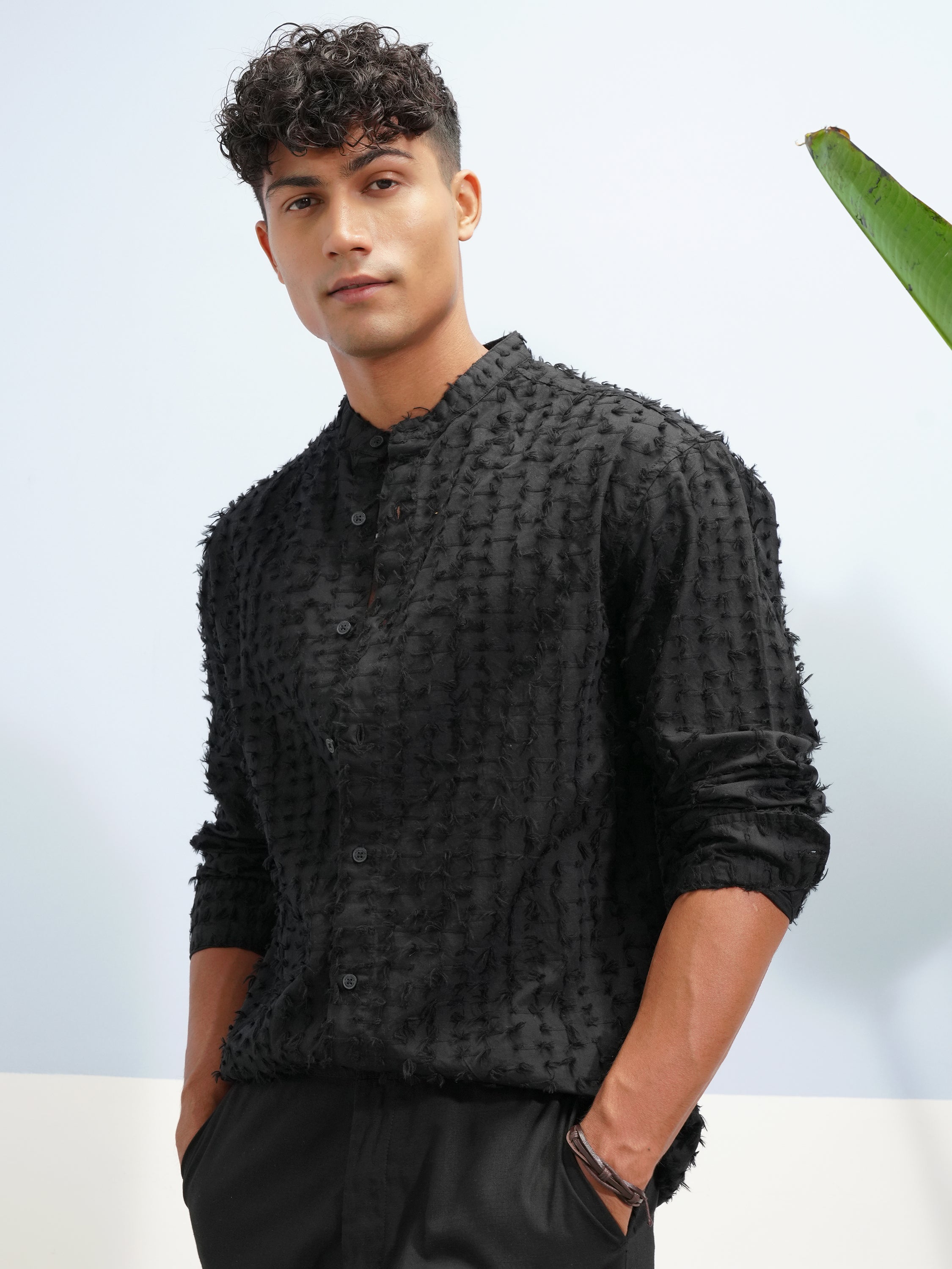 Highlander Men Black Self Design Relaxed Fit Casual Shirt - Black - Image 4