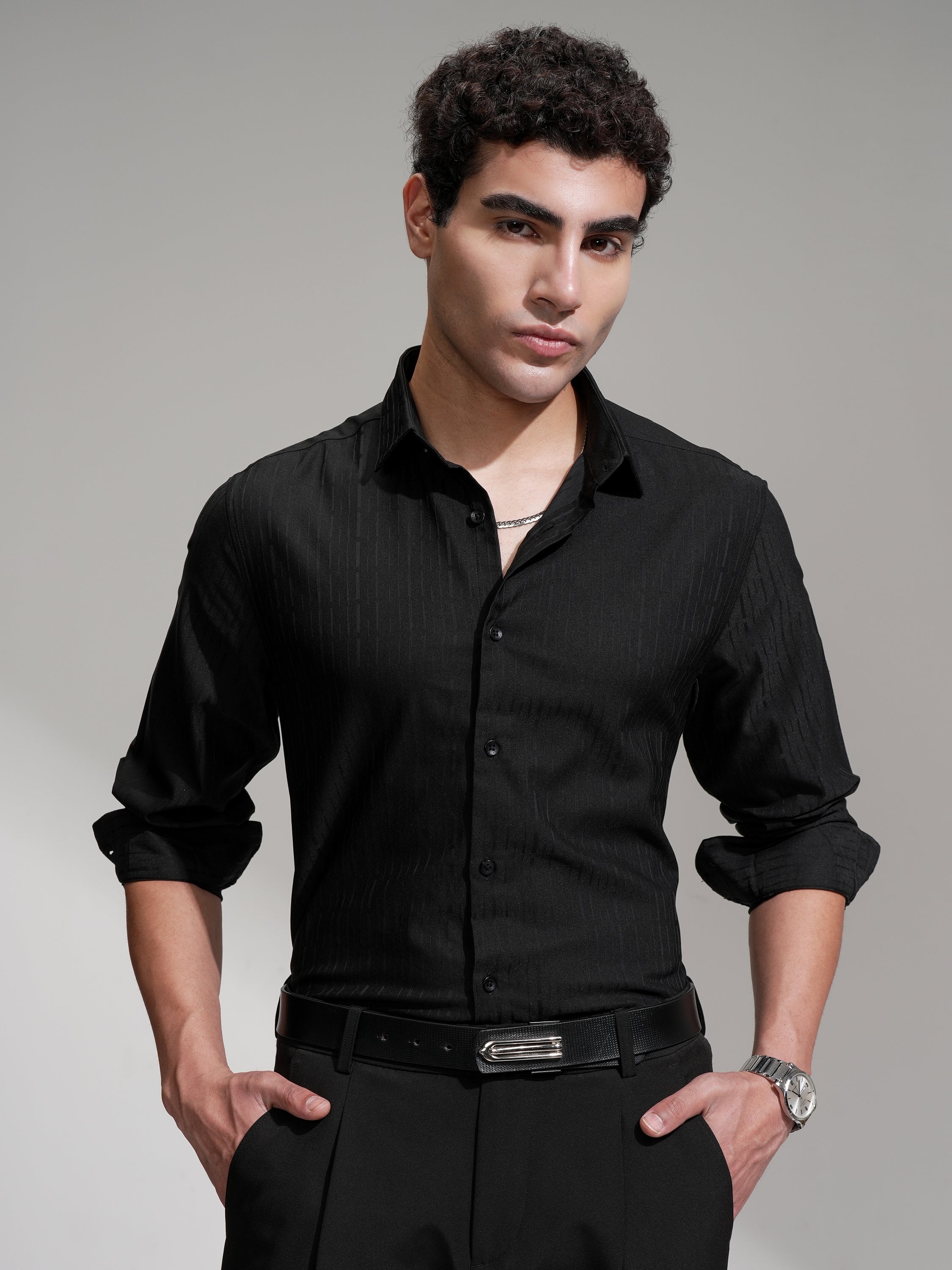 Highlander Men Black Self Design Slim Fit Casual Shirt - Black - Image 1