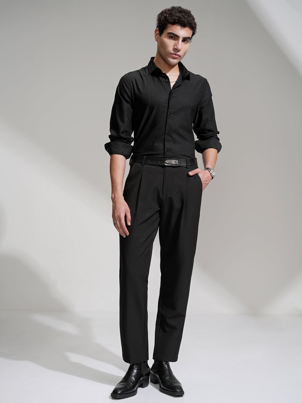 Highlander Men Black Self Design Slim Fit Casual Shirt - Black - Image 2