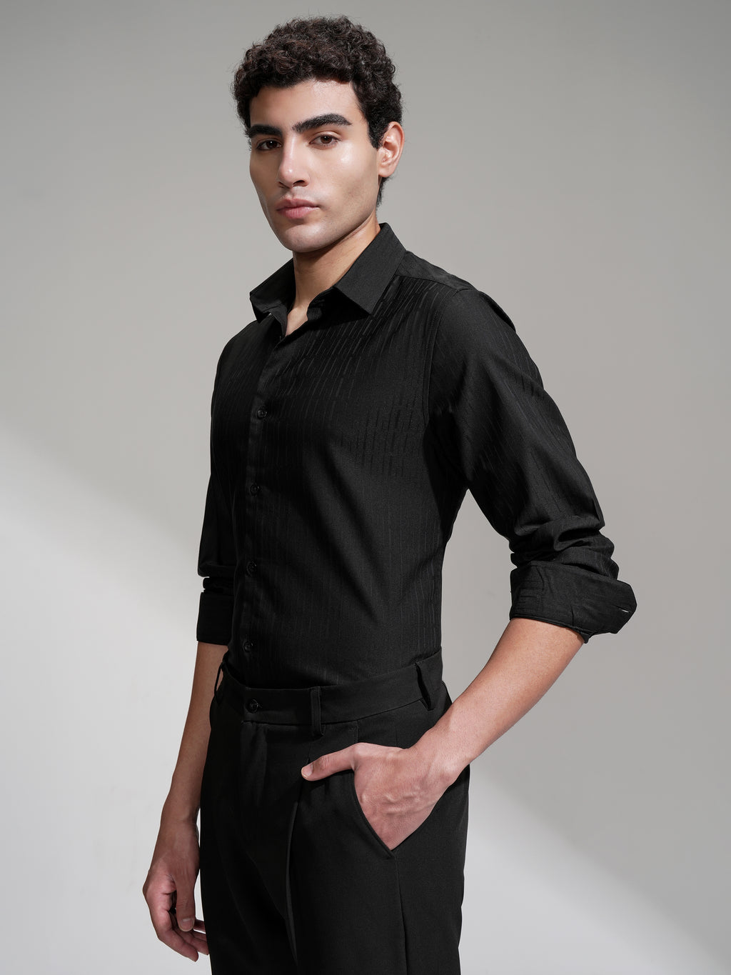 Highlander Men Black Self Design Slim Fit Casual Shirt - Black - Image 4
